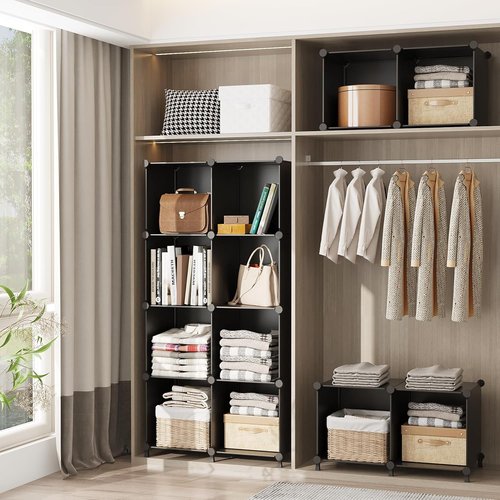 AWTATOS Cube Storage Organizer - Stackable 12-Cube Plastic Shelves for Closet & Home - Black