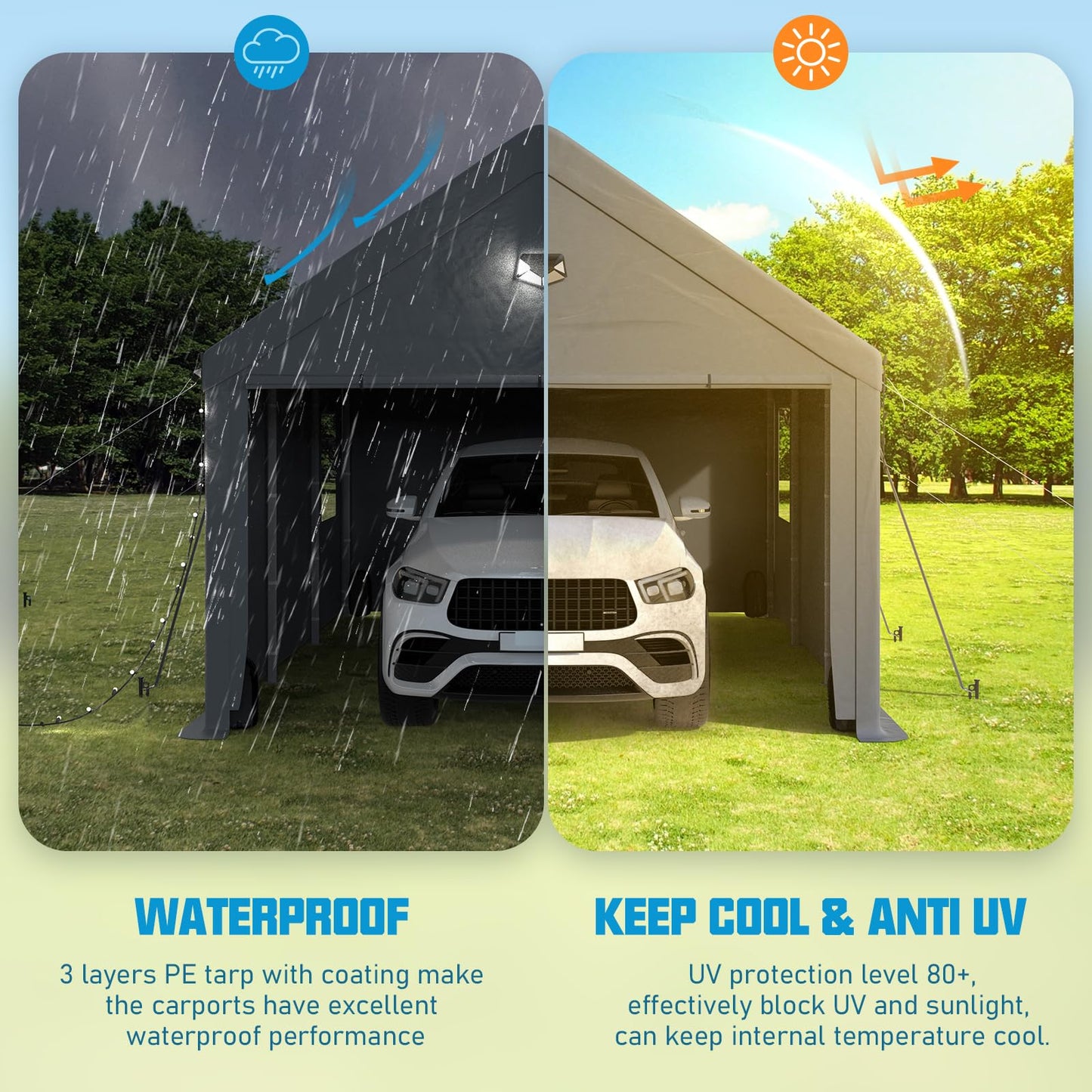 Benass 12x20 FT Heavy Duty Carport Canopy, Drive-Through Portable Garage with Roll-up Doors, Screened Windows, Removable Sidewalls, All-Weather Waterproof Shelter for SUV, Boat & Outdoor Storage
