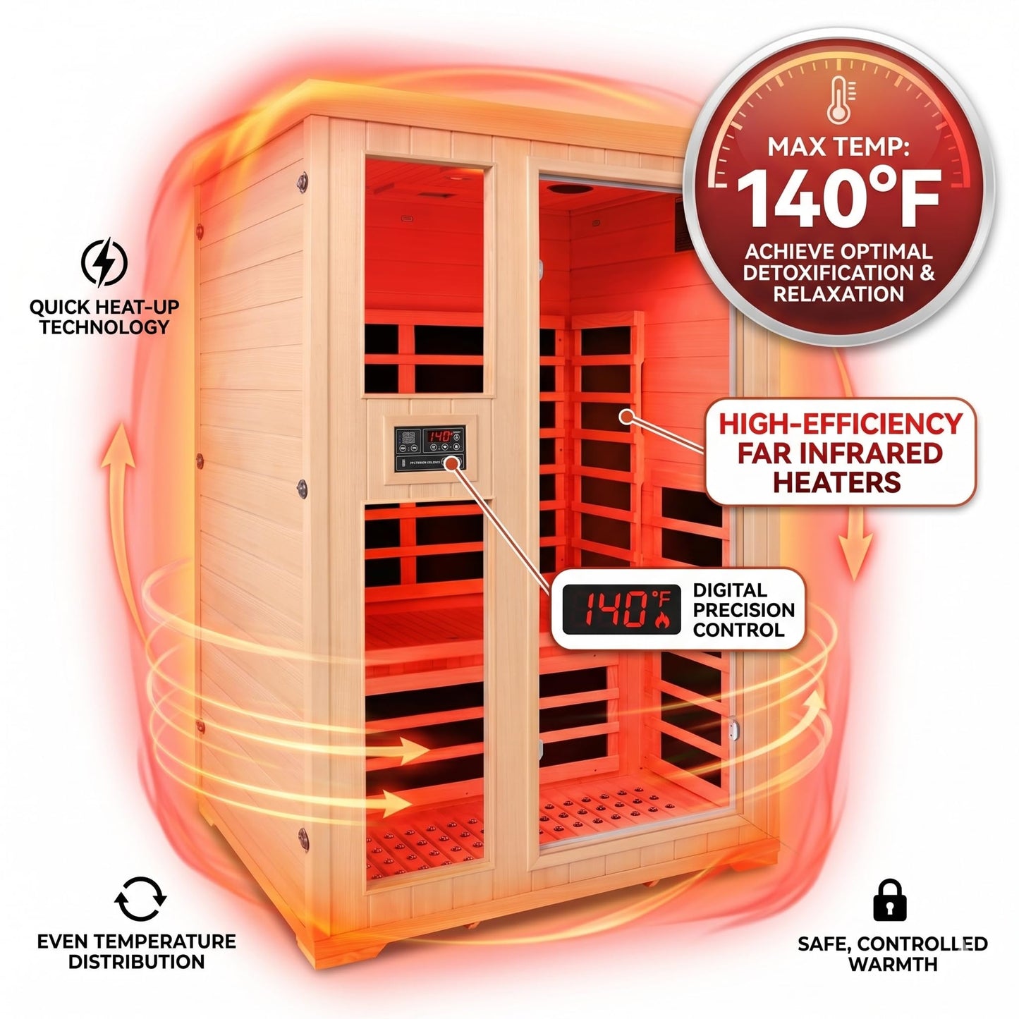 Homsido 2-Person Low EMF Far Infrared Sauna for Home,Canadian Hemlock Wood with 7-Color Therapy,Bluetooth Speakers,Chromotherapy Lights,1850W Heater,Tempered Glass Door&LCD Control Panel
