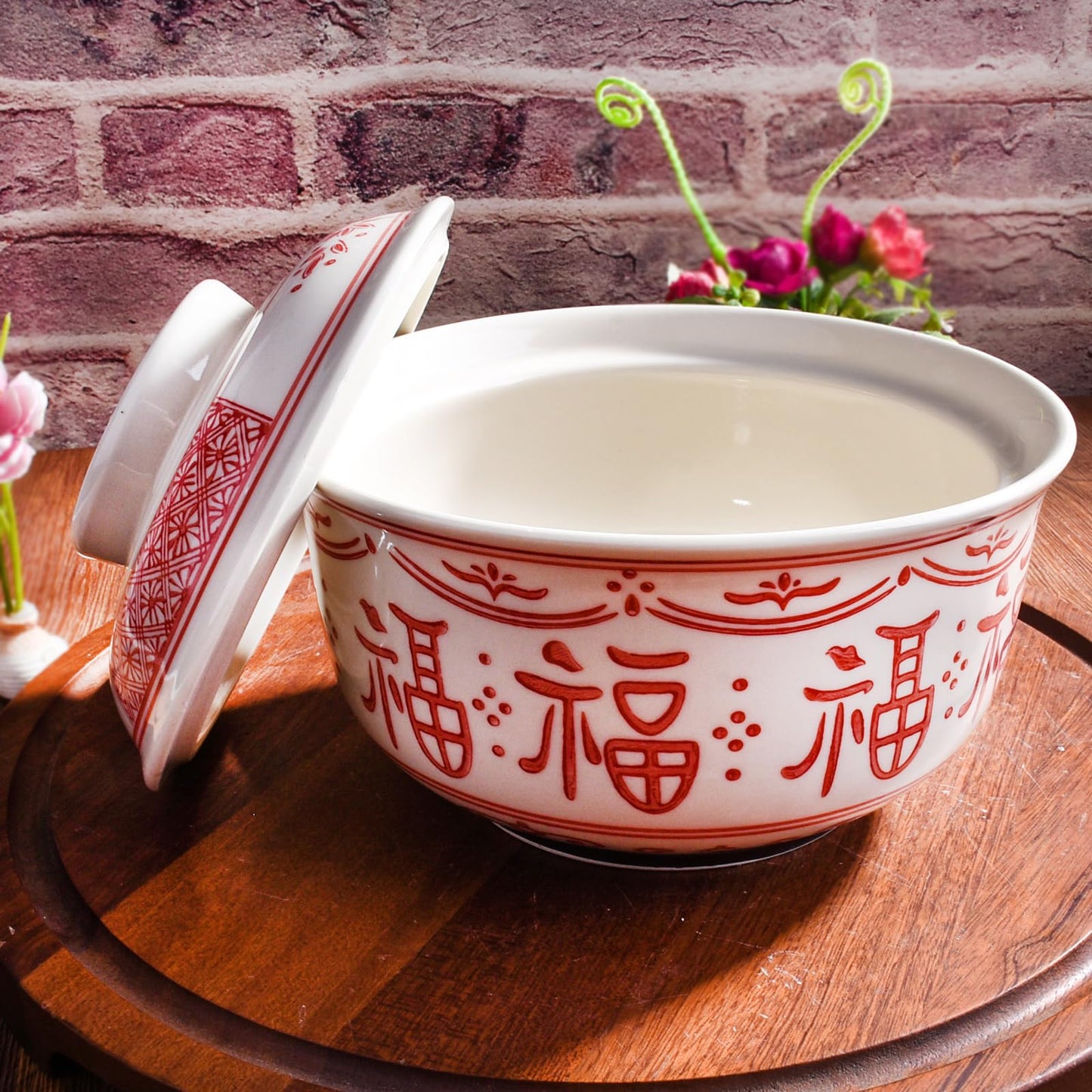 BOSILI Ceramic Ramen Bowl with Lid, 6.4 Inch 26 oz Red and White Porcelain Ramen Bowl with Chinese Fu Character Pattern, Traditional Asian Serving Bowl for Soup, Rice, Noodles