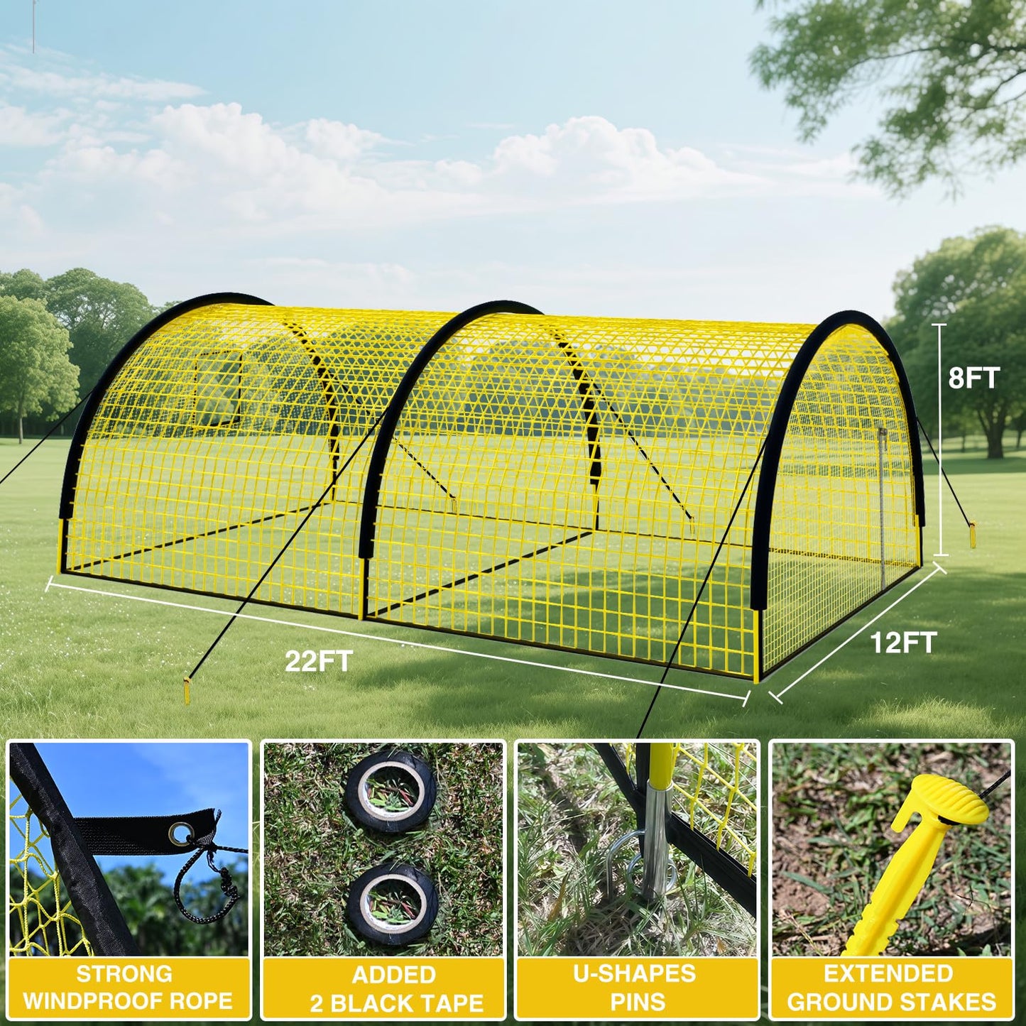 NaxKizo Upgraded 22ft x 12ft x 8ft Baseball & Softball Batting Cage Net with Pitching Machine Hole, 4ply 1.25'' Anti-Tear Netting, 13.4MM Fibreglass Poles, Portable Carry Bag