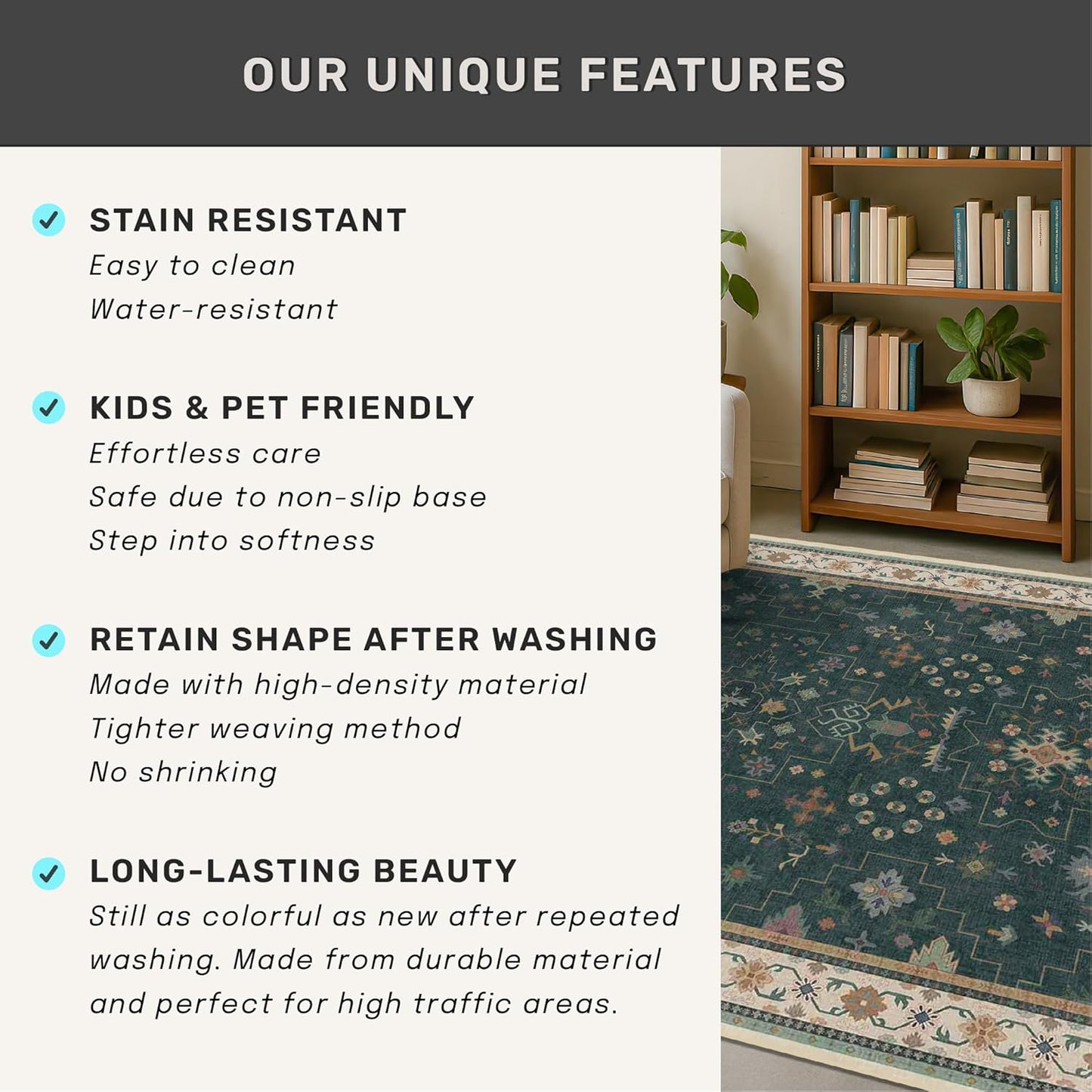Regine Switzerland Dark Green Washable Kitchen Runner Rug - Non-Slip Rubber Backing | 2'6"x8' Stain Resistant