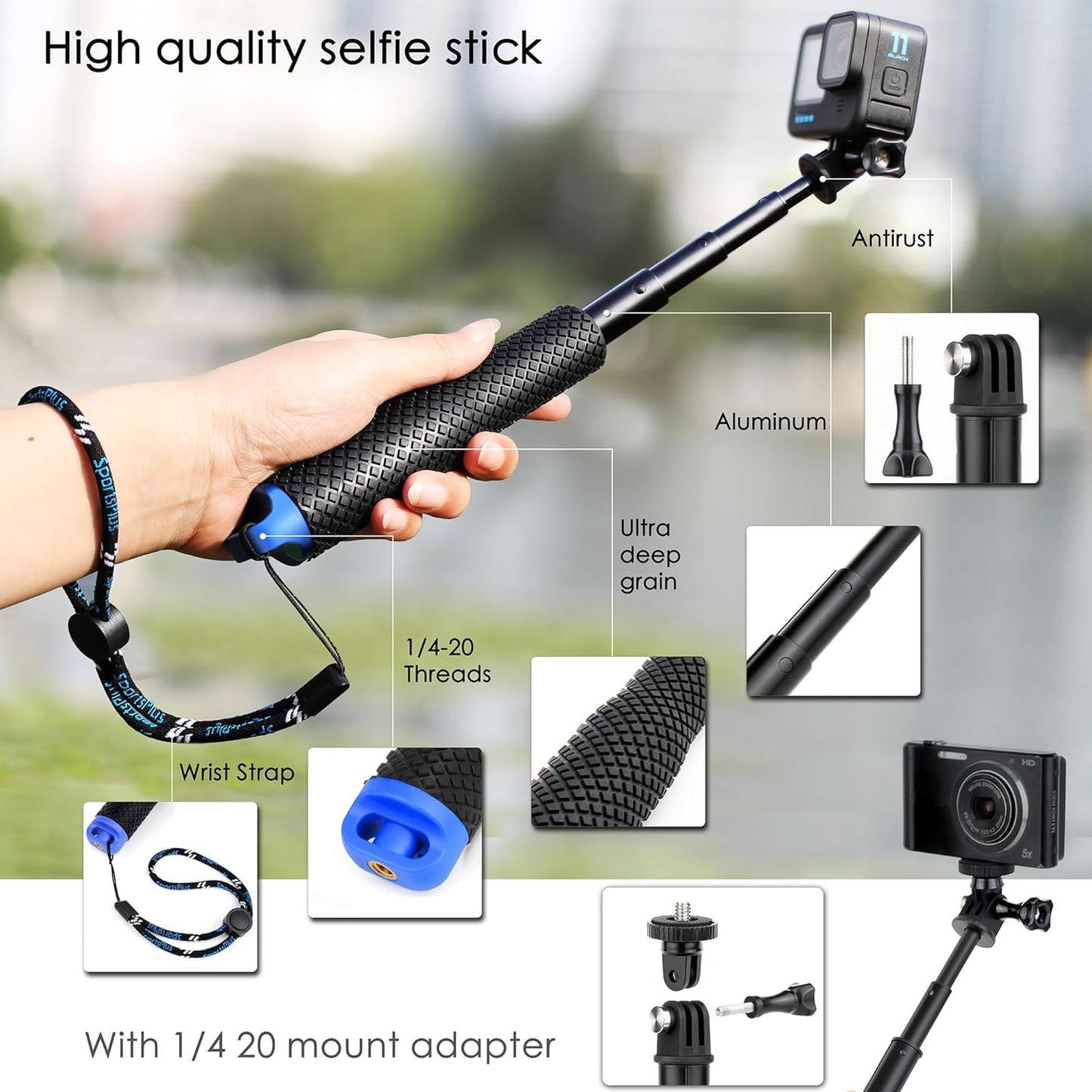 YALLSAME 7''-23'' 13 12 11 10 9 8 7 6/AKASO/DJI 6 5 4 3, Extendable Selfie Stick for GoPro, Waterproof Handle Grip