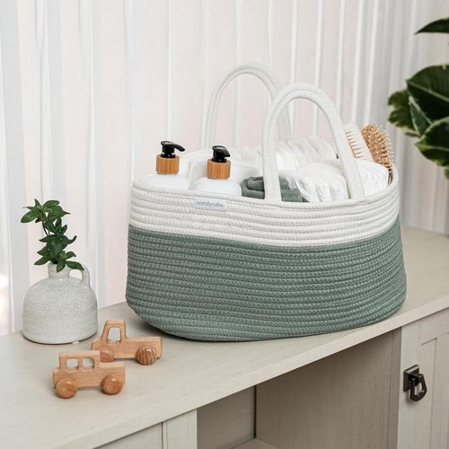 Comfy Cubs Diaper Caddy Organizer - Stylish Cotton Baby Basket with 3 Spacious Compartments | 8.5" x 15" x 8" - Sage