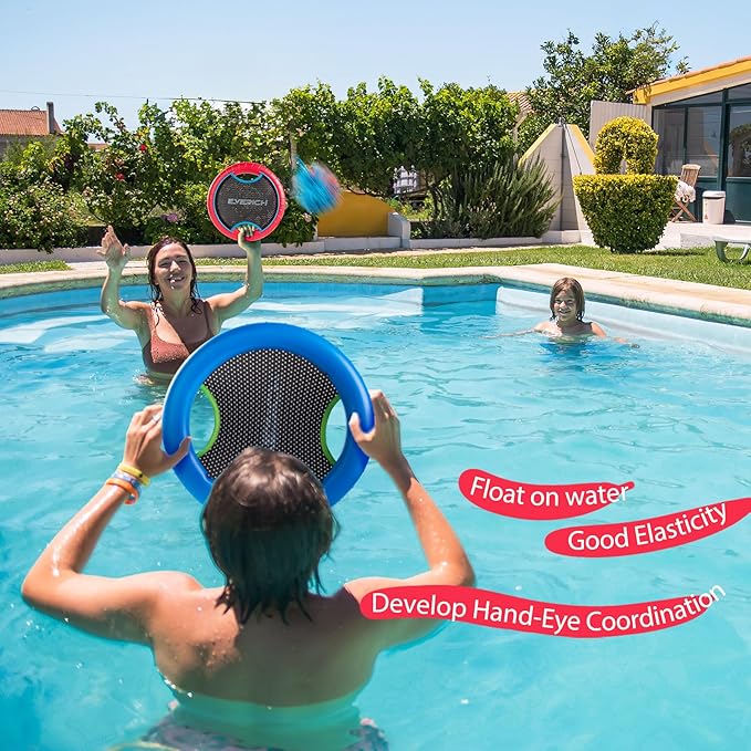 EVERICH TOY Trampoline Paddle Ball Set with 2 Bouncy Paddles & 4 Balls - Soft Foam Design for Kids Play Indoor Outdoor Beach Backyard Lawn - Great Gift Idea for Boys & Girls (Blue & Red)