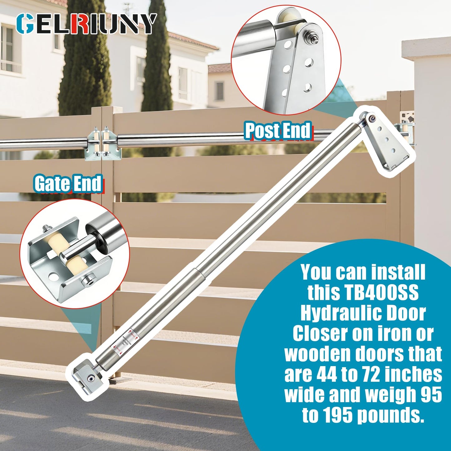 New TB400SS Hydraulic Outdoor Gate Closer for 75 to 175 lbs, Stainless Steel, Width 40 to 64 Inches, for Farms, Ranches, Gardens, Sports Complexes, Home Yards, Opening Pressure 6 to 12 Pounds