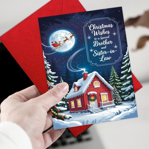 Christmas Wishes Card for Brother & Sister-in-Law - Cozy Winter Cottage Design | Festive 5.3''x8'' with Red Envelope