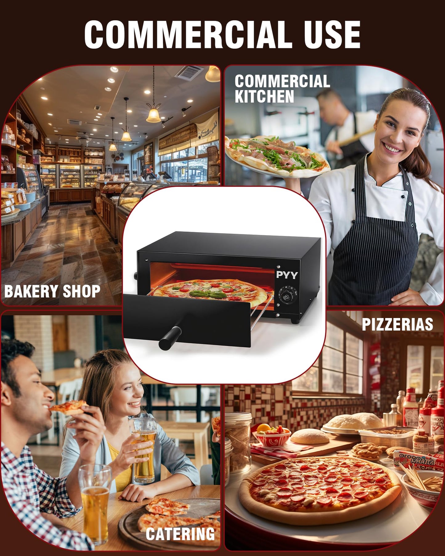 PYY Pizza Oven Electric - 12 Inch Tabletop Pizza Oven Indoor Stainless Steel Professional Pizza Cooker Baker Countertop with Timer & Crumb Tray for Home Restaurant 1100W,Black