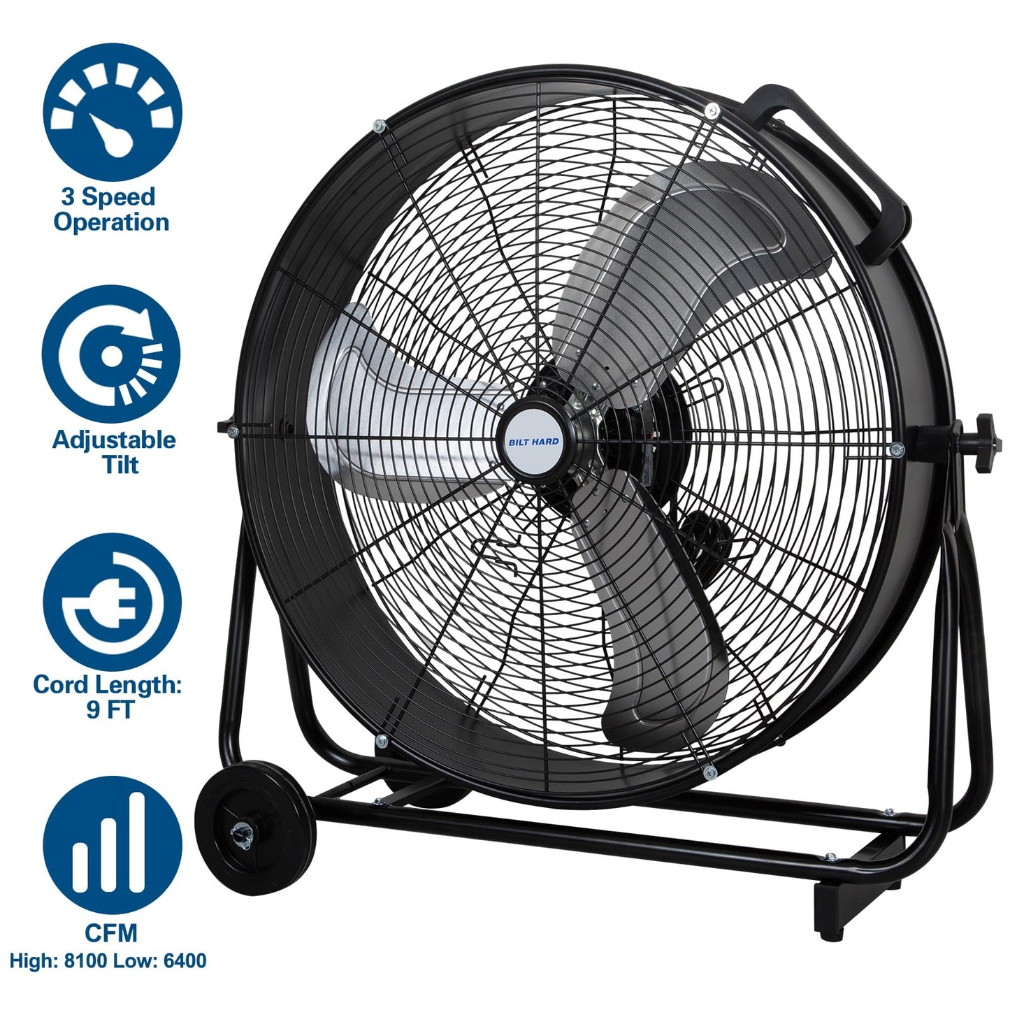 BILT HARD 24" 8100 CFM High Velocity Drum Fan, 3 Speeds Heavy Duty Tilt Metal Floor Shop Fan, Commercial Industrial Use for Garage, Factory, Warehouse, Black