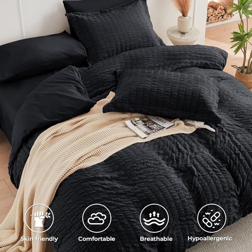HYMOKEGE Queen Comforter Set - Black Oversized 7-Piece Seersucker Luxury Bedding | All-Season Comforter, Sheets & Pillowcases