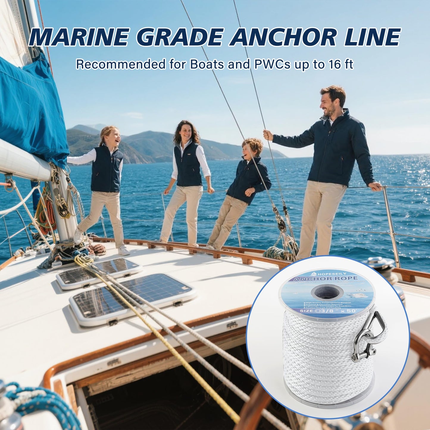 HOPESEILY 3/8 x 100FT Boat Anchor Rope, Premium Solid Braid MFP Marine Line with Stainless Steel Thimble & Shackle for Boats Jet Ski Yacht Dock, Heavy Duty (White)