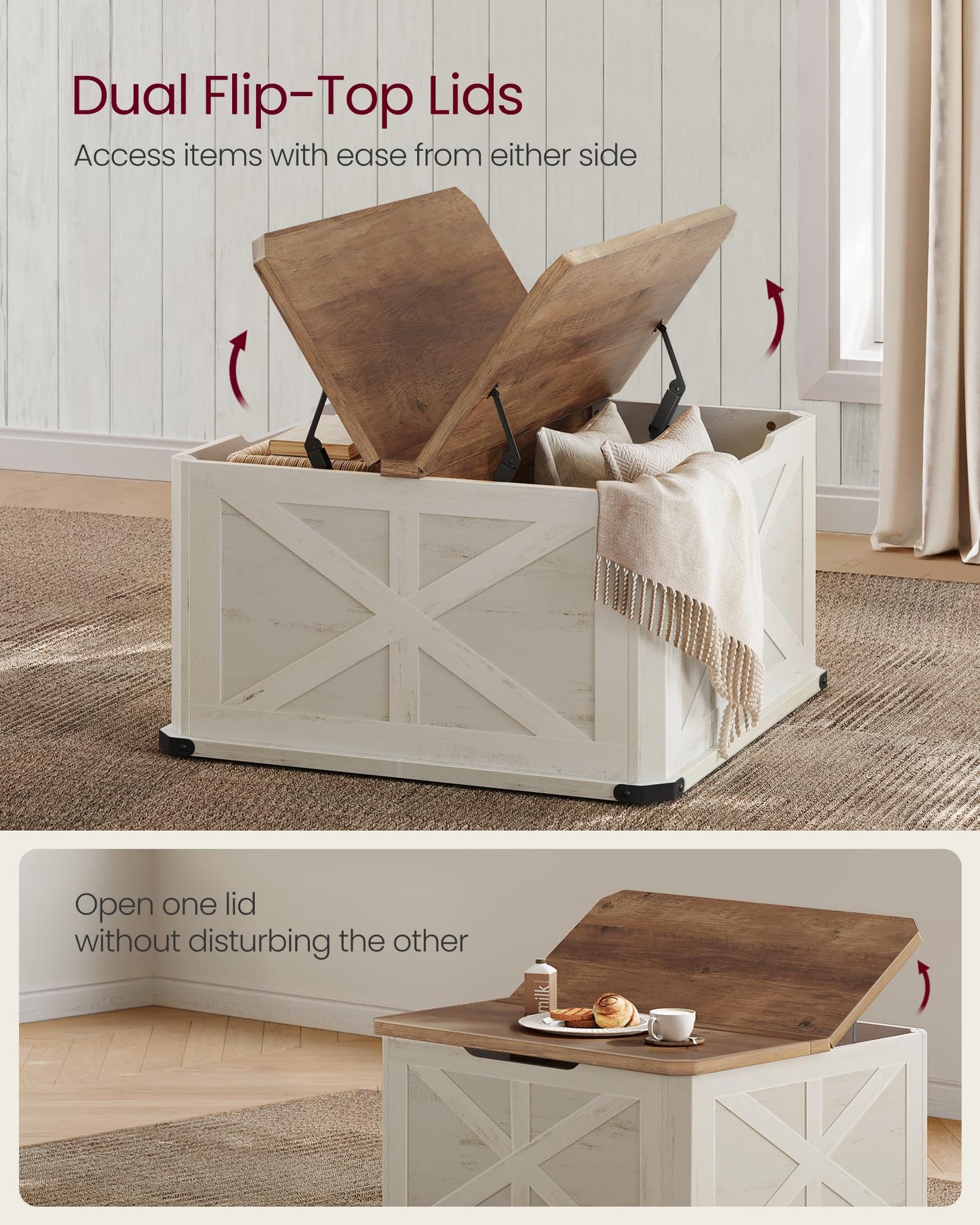 VASAGLE LIRY Collection - Farmhouse Coffee Table with Storage, Square Center Coffee Table for Living Room, with Hidden Compartment, Flip-Top Lids, Honey Brown and Rustic White ULCT232W73