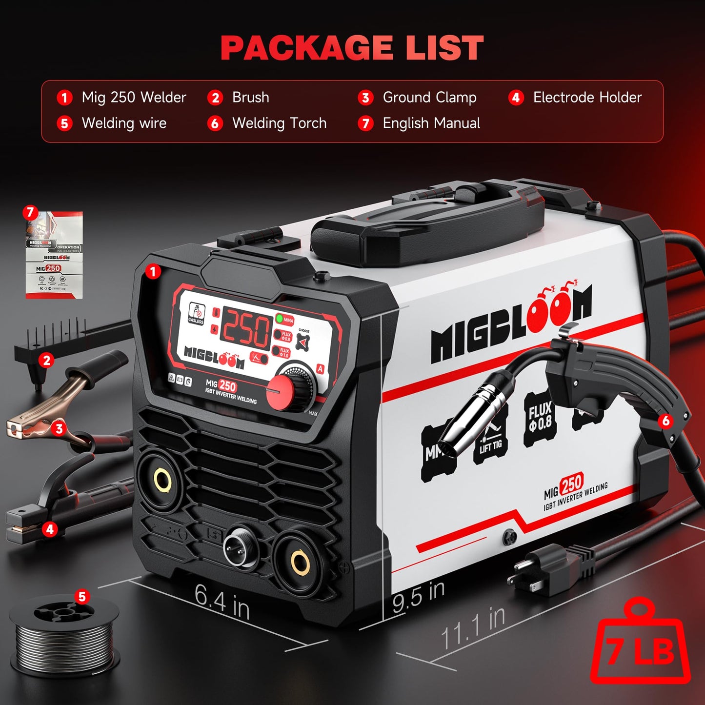 250A Mig Welder,Gasless 110V FLUX MIG/ARC/Lift TIG Welding Machine,3 in 1 Mig Welder with Synergy and IGBT Inverter,Flux Core Welder with LCD Display