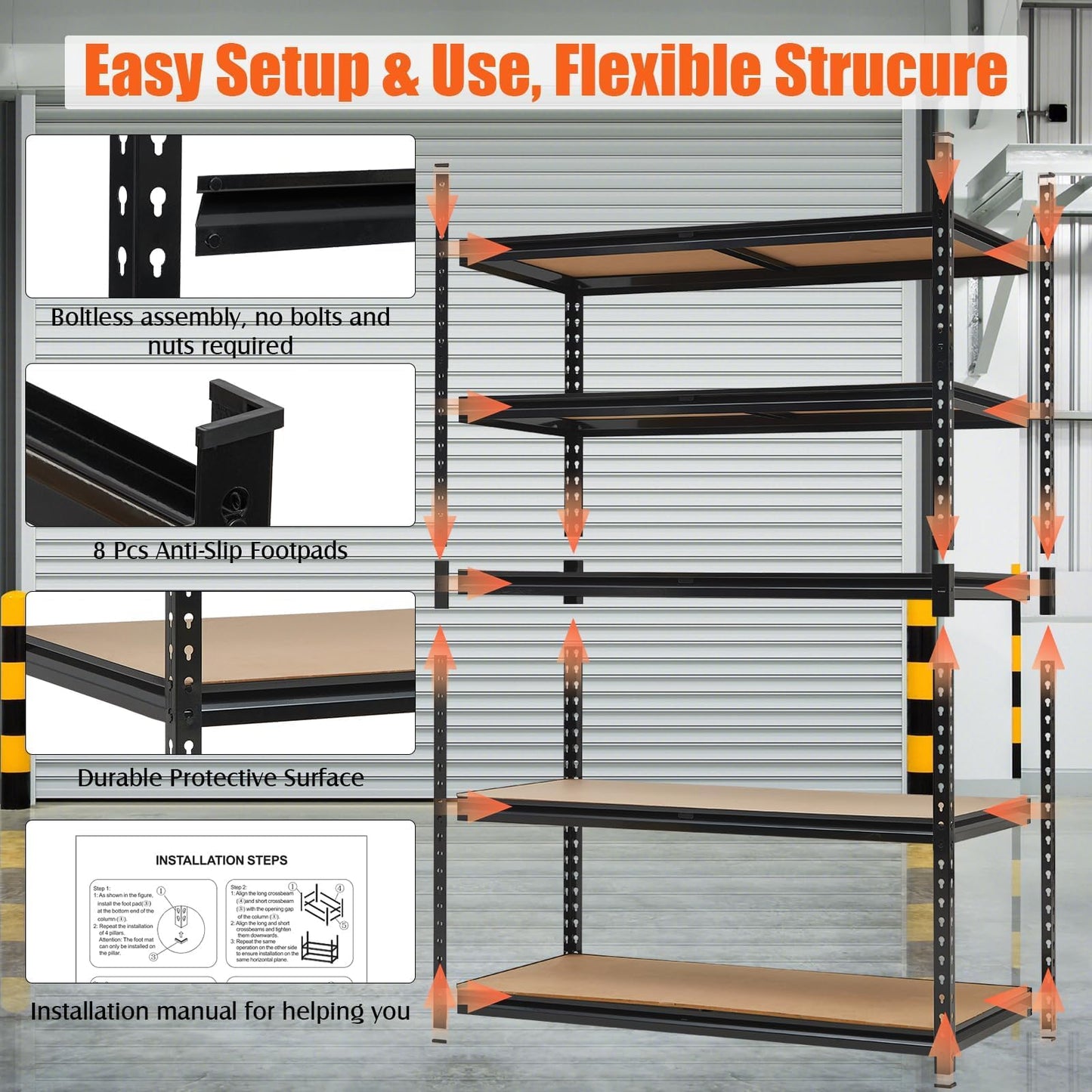 GarveeTech 5-Tier Heavy Duty Garage Shelving Units, 60x24x72 Inch Adjustable Storage Shelves,Loads 2000 LBS,Adjustable Garage Storage Shelving, Metal Storage Utility Rack Shelf Unit