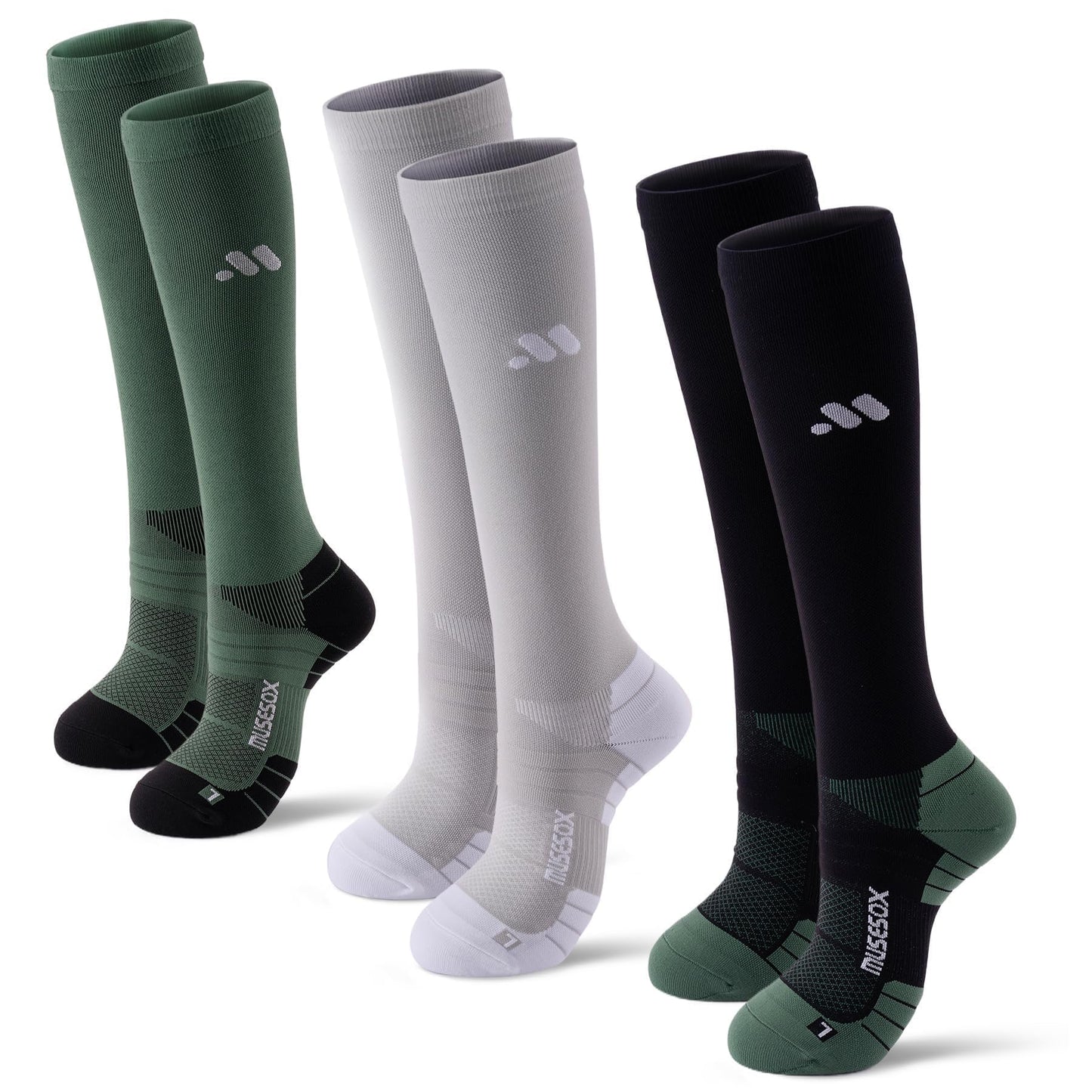 musesox Compression Socks for Women and Men,Knee High 15-20mmHg Graduated Support(3 Pairs) for Nurses,Travel,Black Gray Green,Medium