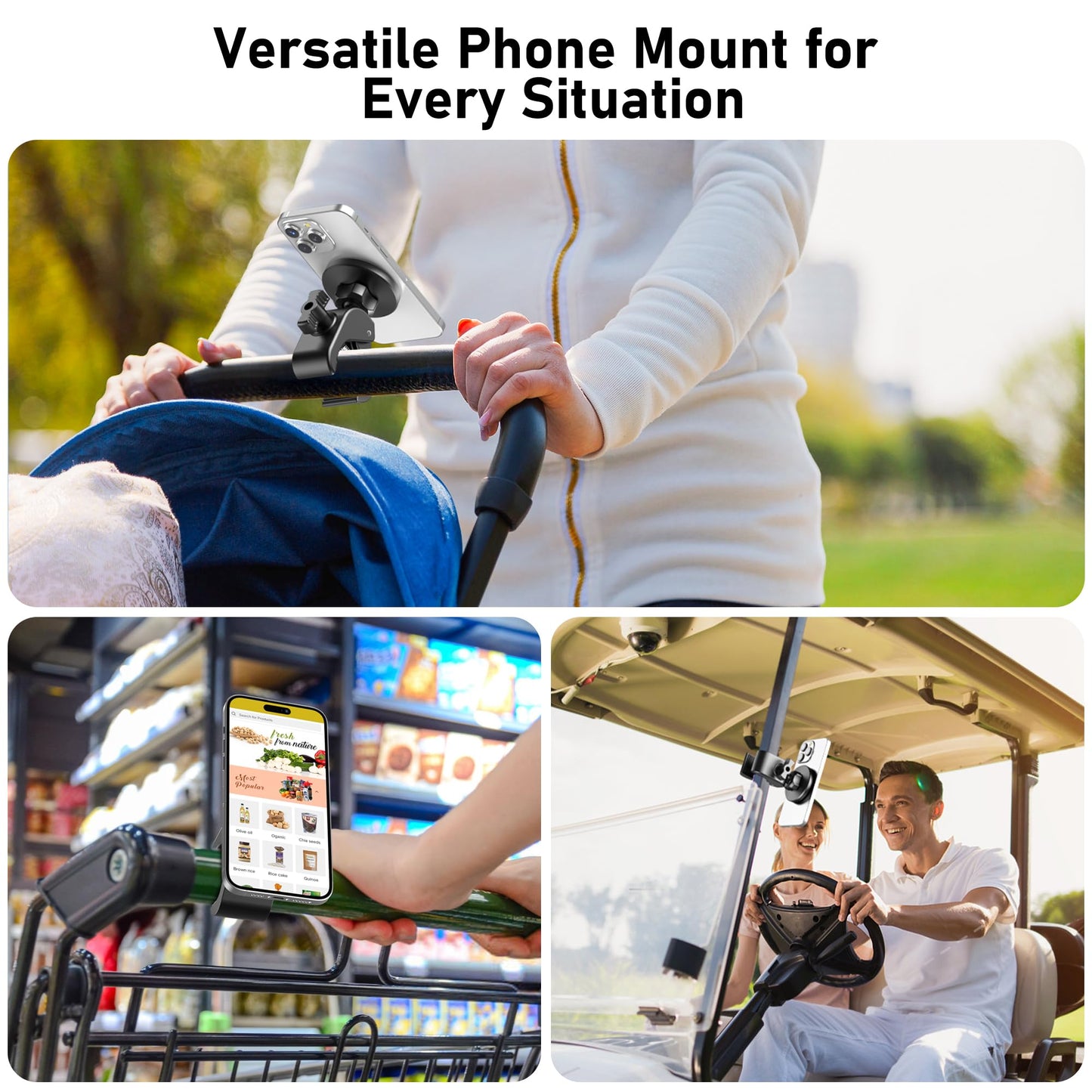 Magnetic Phone Holder Clamp Mount – 20 x N52 Strong Magnet Mount for Gym, Spin Bike (Fits Peloton), Treadmill, Stroller, Golf Cart, Shopping Cart – Compatible with Mag-Safe iPhone 12-17 Series
