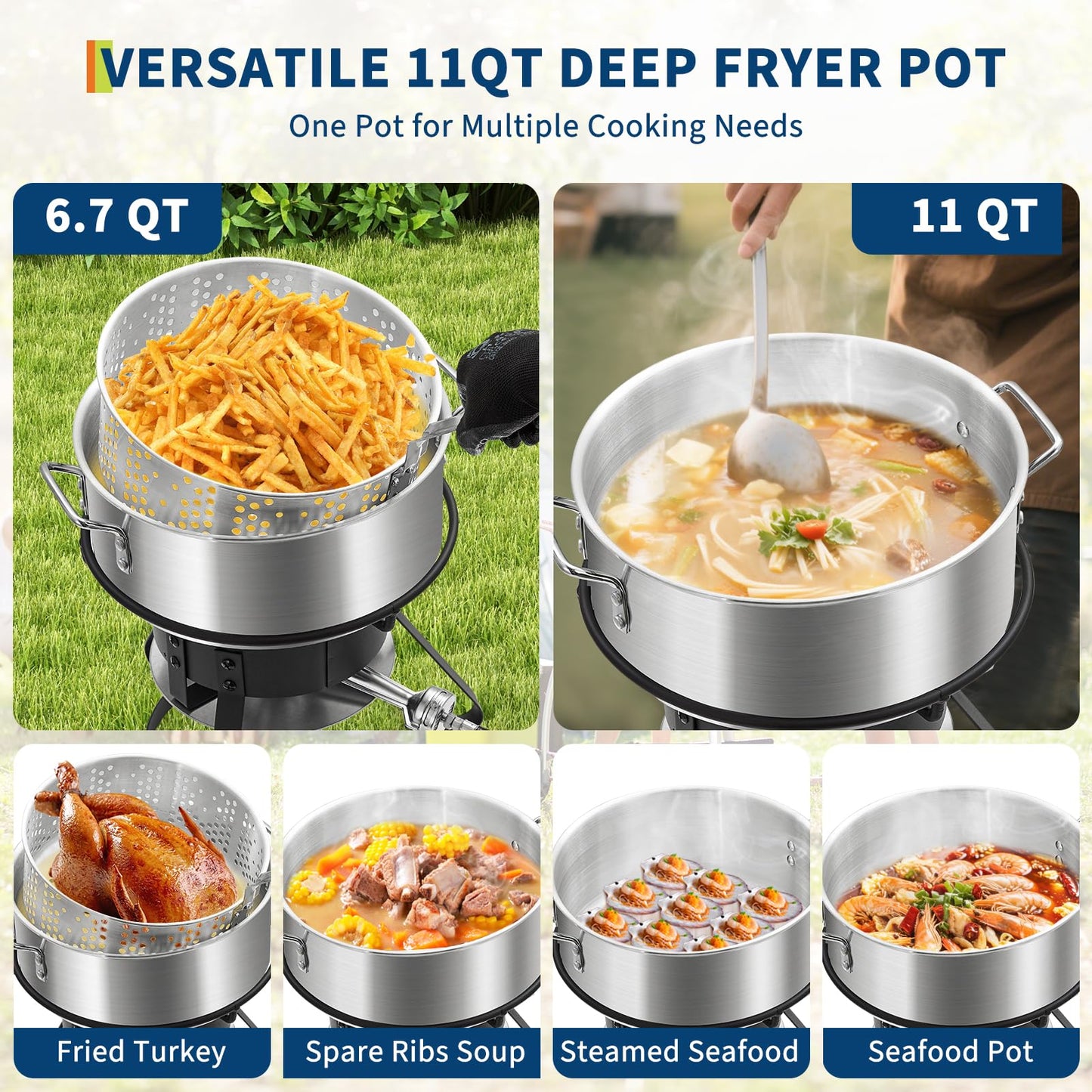 dainslef 11QT Outdoor Fish Fryer Pot with 6.7QT Strainer Basket, 58,000 BTU Aluminum Propane Deep Fryer Pot for Seafood & Fries, Portable Camping/Backyard Outdoor Cooking
