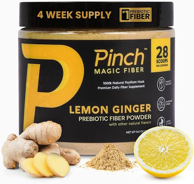 Pinch Magic Sugar Free Fiber Powder ??Light Lemon Ginger Psyllium Husk with Bromelain & Vitamins C & D ??Vegan, Gluten-Free, Clean Label, USA-Made, GMP-Certified ??28-Day Supply