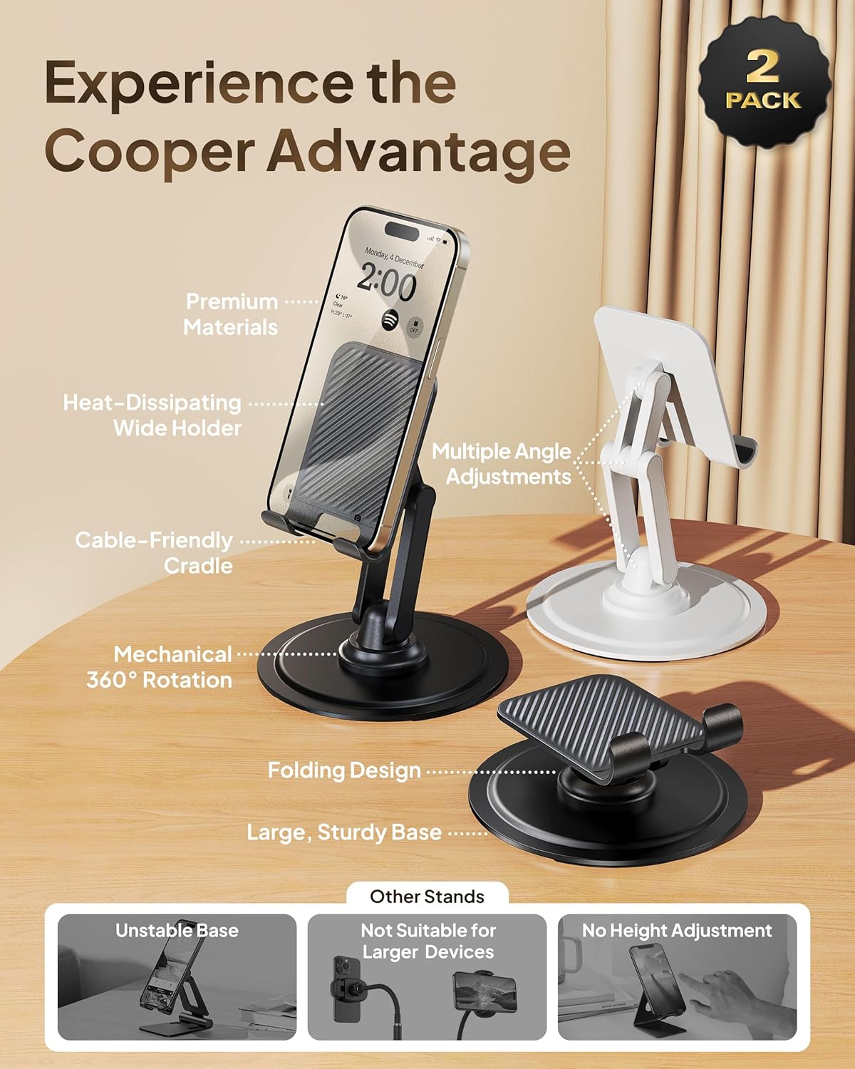 COOPER 360 Pack], 2-Pack) Stand, [Gift Family Rotating Cell Phone Stand for Desk, Cell Phone Holder for Desk, iPhone