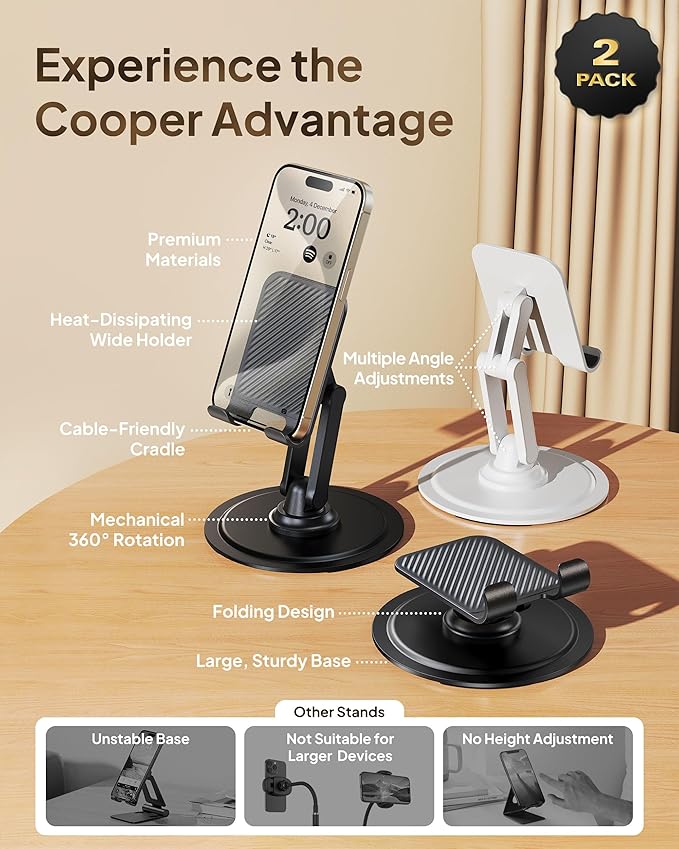 COOPER 360° Stand, [Gift Family Pack], Rotating Cell Phone Stand for Desk, Cell Phone Holder for Desk, iPhone Stand Holder, Sturdy Metal Base, Fits Samsung, Android Smartphones, (Piano Black, 2-Pack)