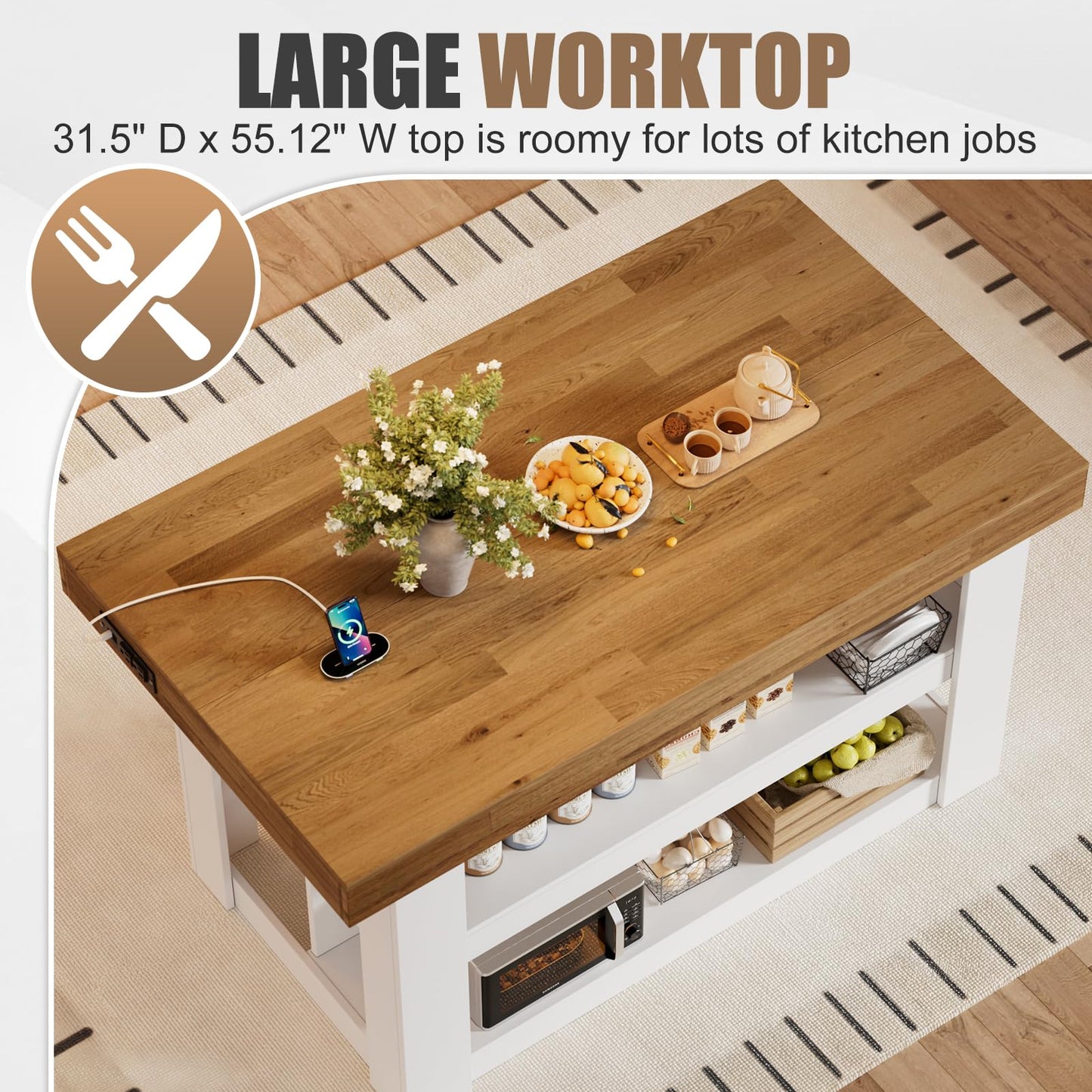 PAKASEPT 55" Kitchen Island with Storage, 3-Tier Farmhouse Wood Island Table with Power Outlets,Shelves for Kitchen, Dining Table for 4,Dining Room,Living Room,Home Bar,White
