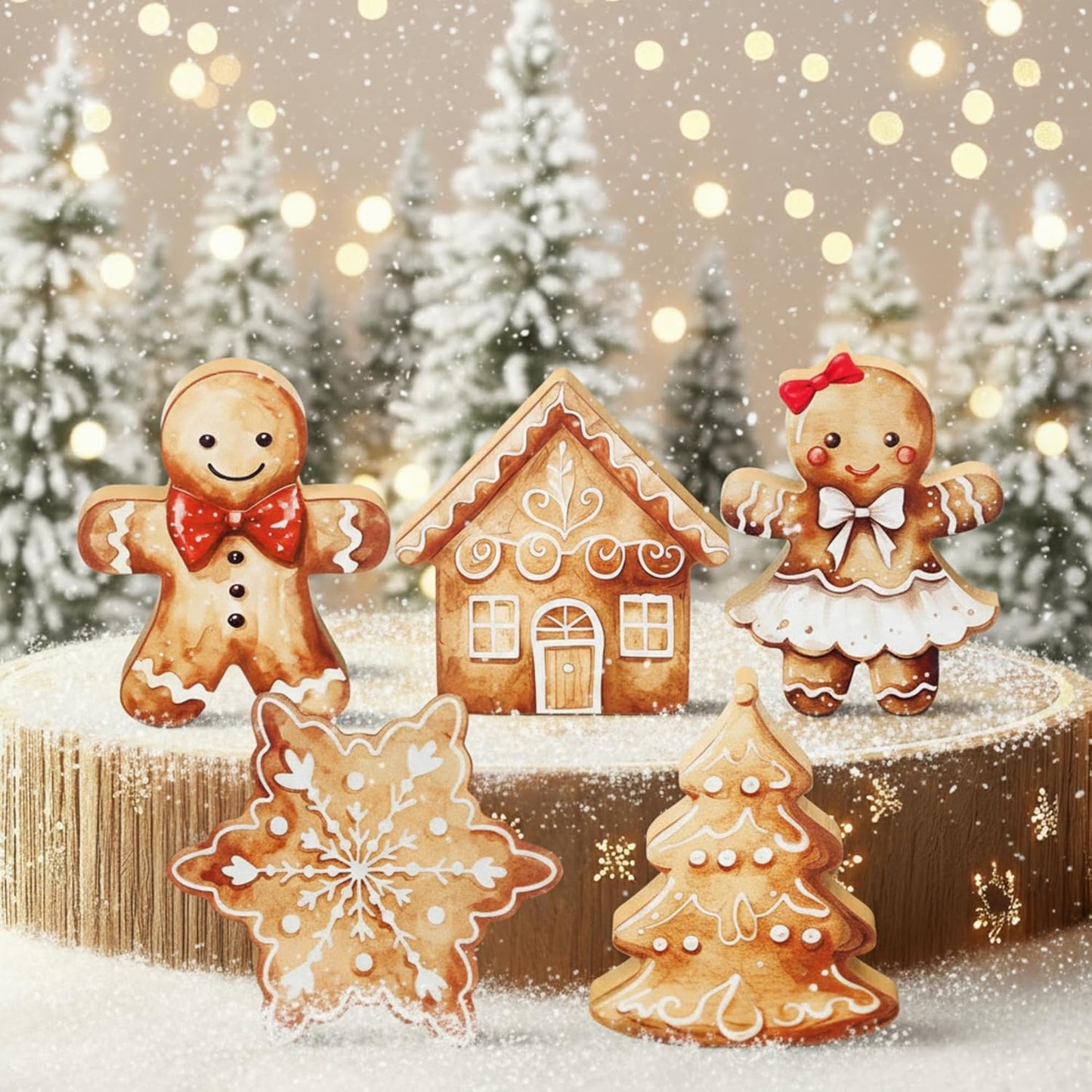 Threehoney Gingerbread Christmas Decorations - 5 Pcs Cute Wooden Table Centerpieces for Home & Office