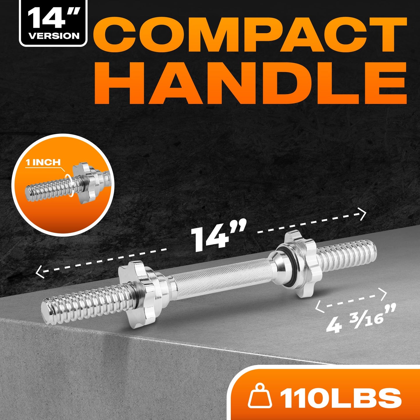Yes4All Threaded Dumbbell Handles, Build Your Own Secure 14/16/18/24 Inch Dumbbell Bar Pair, Fit 1”–1.15” Plates Adjustable for Strength Progress, Non-Slip Star-Lock Collars, Tight Grip - 14 Inches, Silver