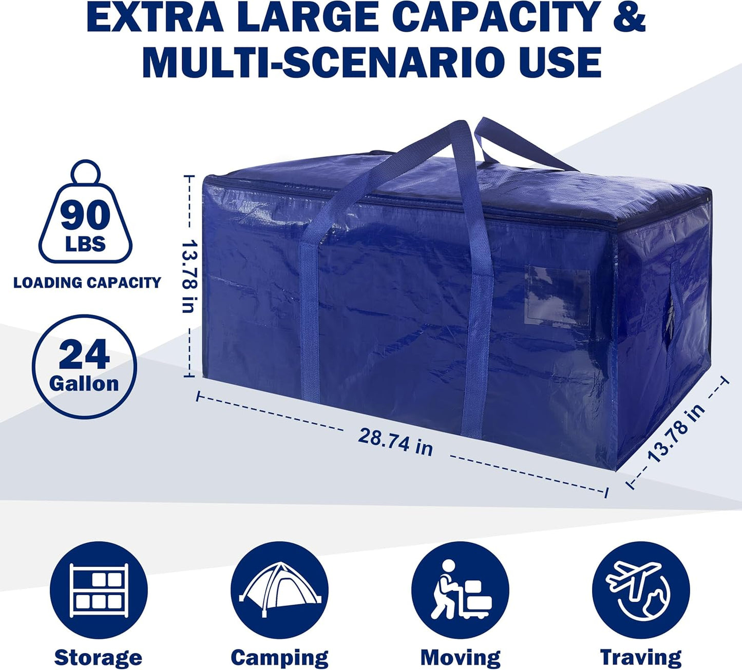 Skiennix Extra Heavy Duty Moving Bags - 8 Pack Large Storage Totes with Strong Zipper & Handles | Dark Blue - 24 Gal
