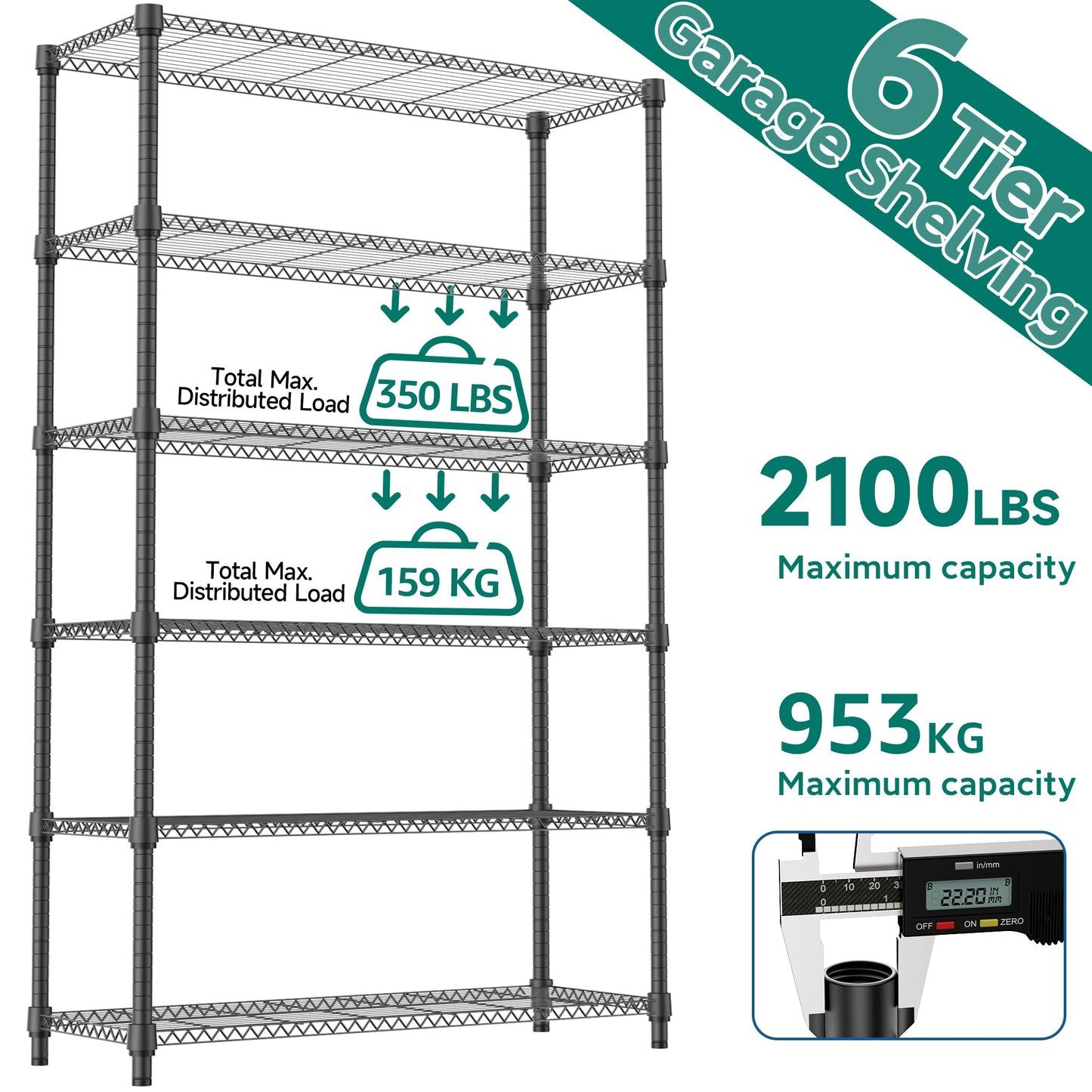 M MZG 2100LBS 47.2" W 6 Tiers Shelf Storage Shelves Metal Shelving Unit Heavy Duty Garage Shelving Adjustable Wire Shelves for Pantry,Kitchen,Garage,Basement,Black 17.7" D x 47.2" W x 82.4" H