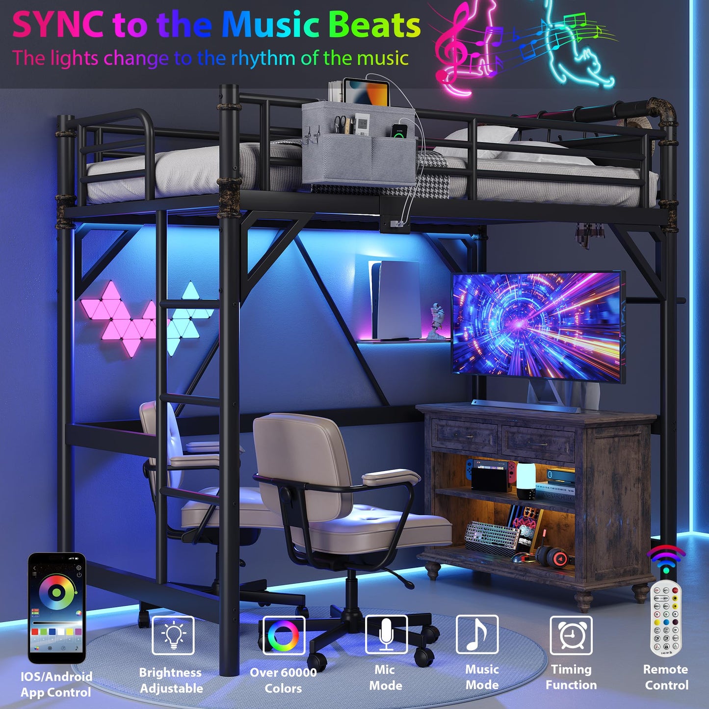 Twin Size Loft Bed with LED Lights and Charging Station, Industrial Heavy Duty Metal Loft Bed Frame with Ladder and Guardrail for Kids Adults, Small Space Saving Design for Bedroom Dorm, Black