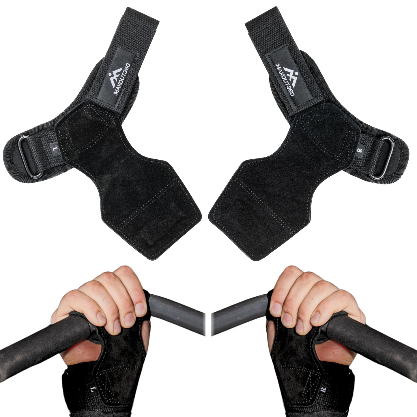 MaxOut360 Lifting Grips for Weight Lifting, Powerlifting & Weightlifting Grips with Enhanced Grip, Double Layer Leather Gym Grips for Deadlifts & Back Workouts, Black