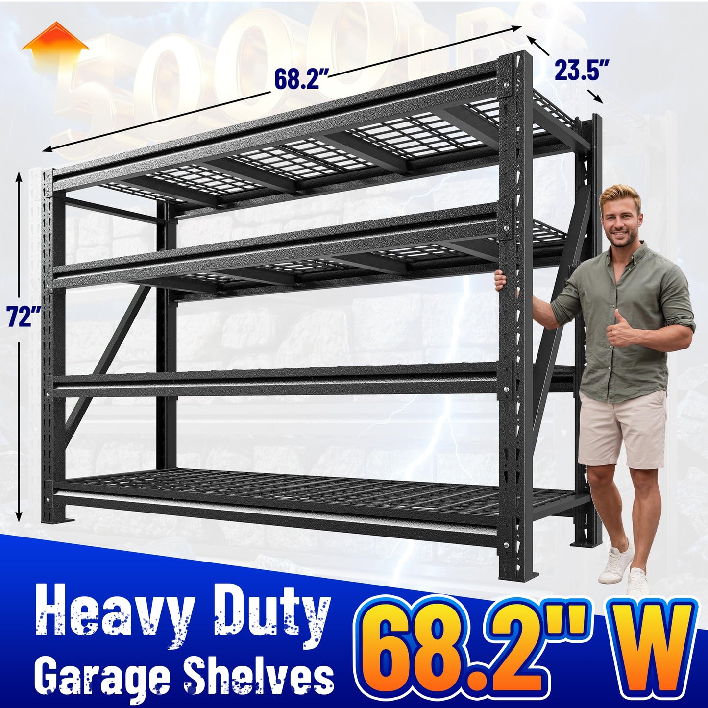 Romorgniz 5020LBS Heavy Duty Garage Shelving, 68.2" W Storage Shelves with Wire Deck, Rust/Water Resistant, 4 Tier Adjustable Industrial Shelving for Warehouse Basement, 23.5" D Deep x 72" H, Black