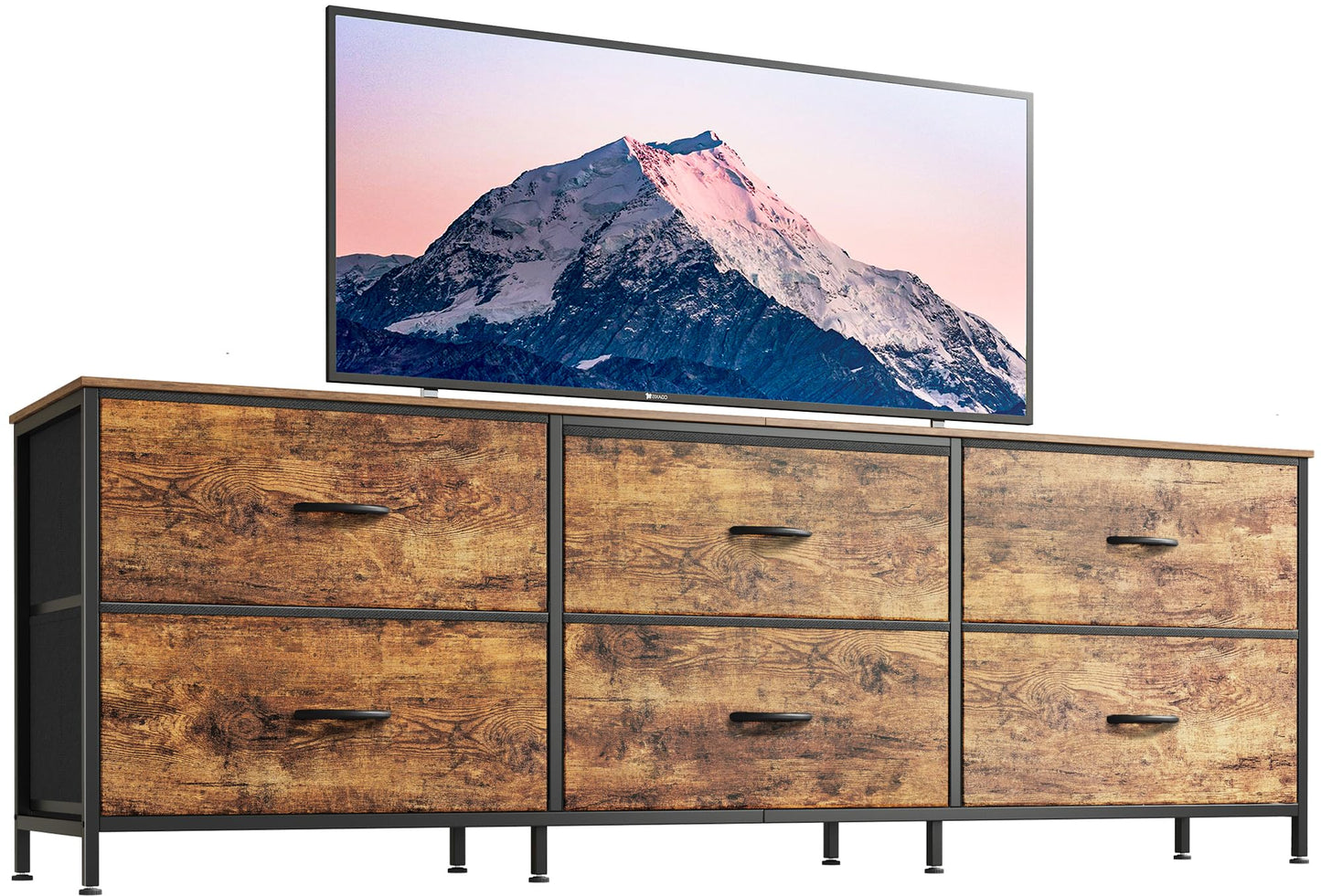 Huuger 63 Inch Long Dresser for Bedroom, Wide TV Stand for 55, 65, 70 Inch TV, 6 Drawer Dresser for Closet with Fabric Drawers, Storage Organizer for Bedroom, Entryway, Rustic Brown