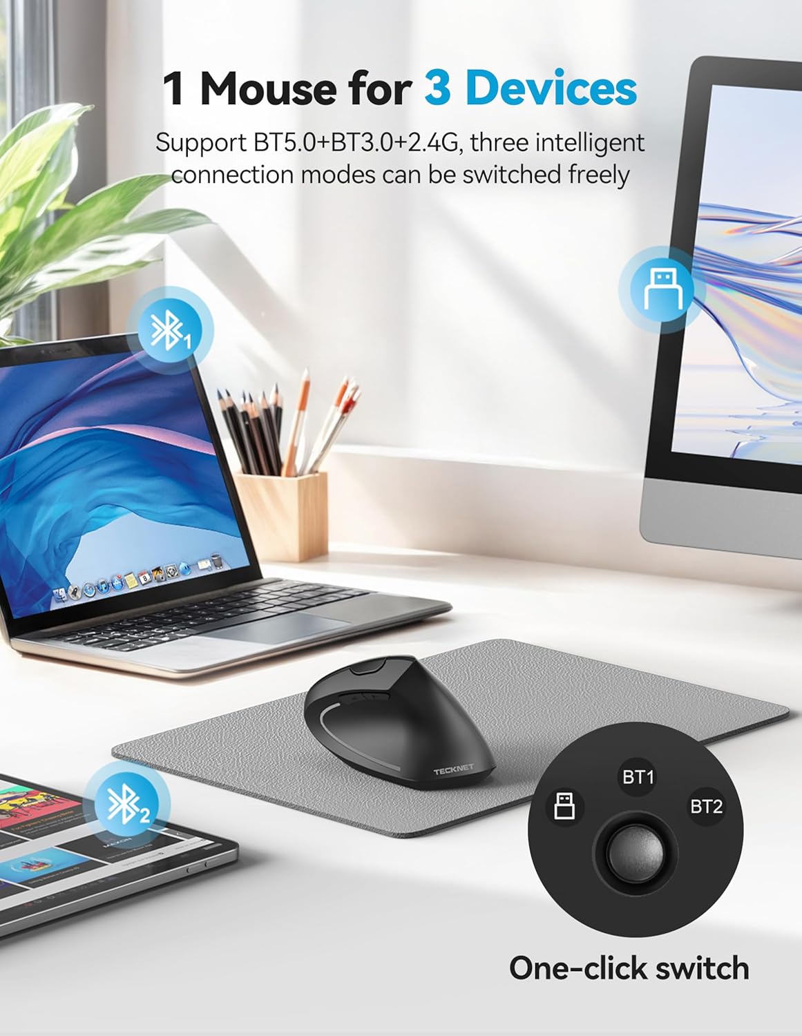 TECKNET 4800 6 Ergonomic Mouse Rechargeable Bluetooth - DPI Vertical Mice Adjustable Levels, Wireless Optical Carpal