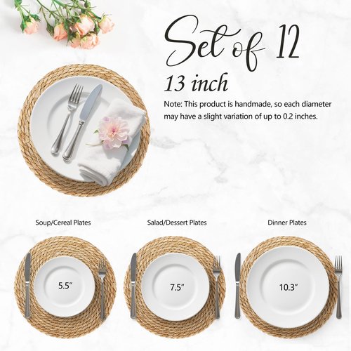 13 Inch Placemats Set of 12, Boho Round Rattan Place Mats for Dining Table Decor, Rustic Woven Chargers for Dinner Plates, Outdoor Patio, Farmhouse Wedding, Water Hyacinth Wicker Braided Placemat