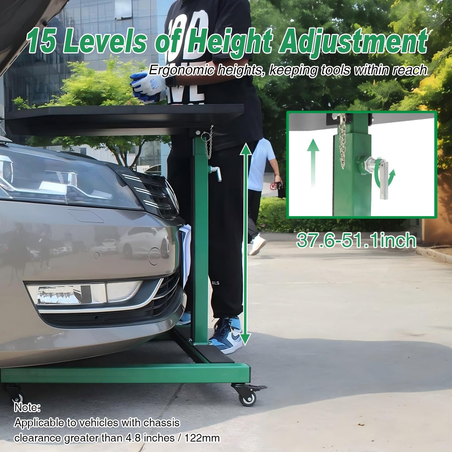 Adjustable Height Mobile Work Table, Foldable Table with Heavy Duty Steel, Rolling Tool Cart with Brakes for Garage Repair Shops DIY