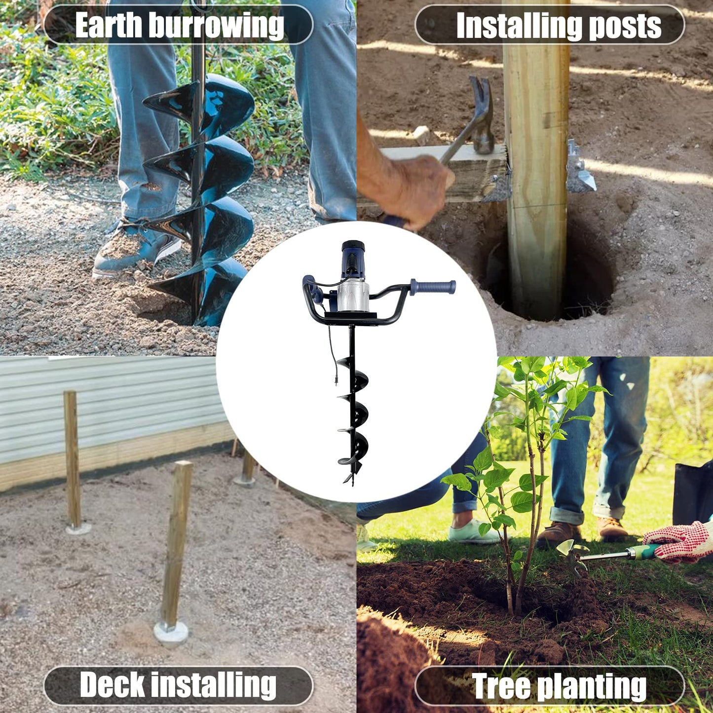 1500W Electric Post Hole Digger with 2 × 6-Inch Auger Bits – Heavy-Duty Earth Auger Drill for Fencing, Tree Planting, Gardening, Blue
