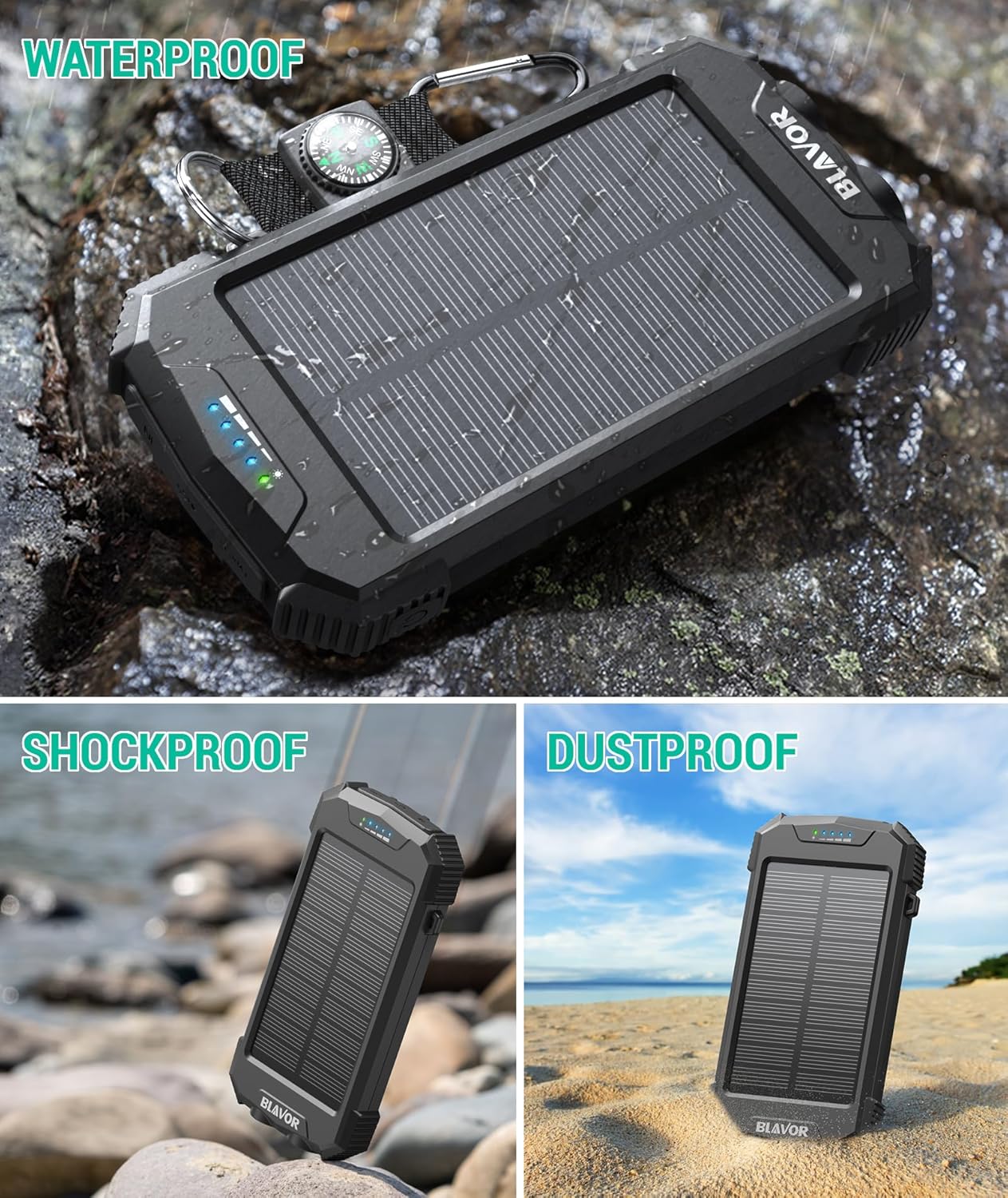 BLAVOR 10,000mAh, 20W Pack Solar Power Bank Portable Wireless Charger, Fast Charging External Battery with USB C