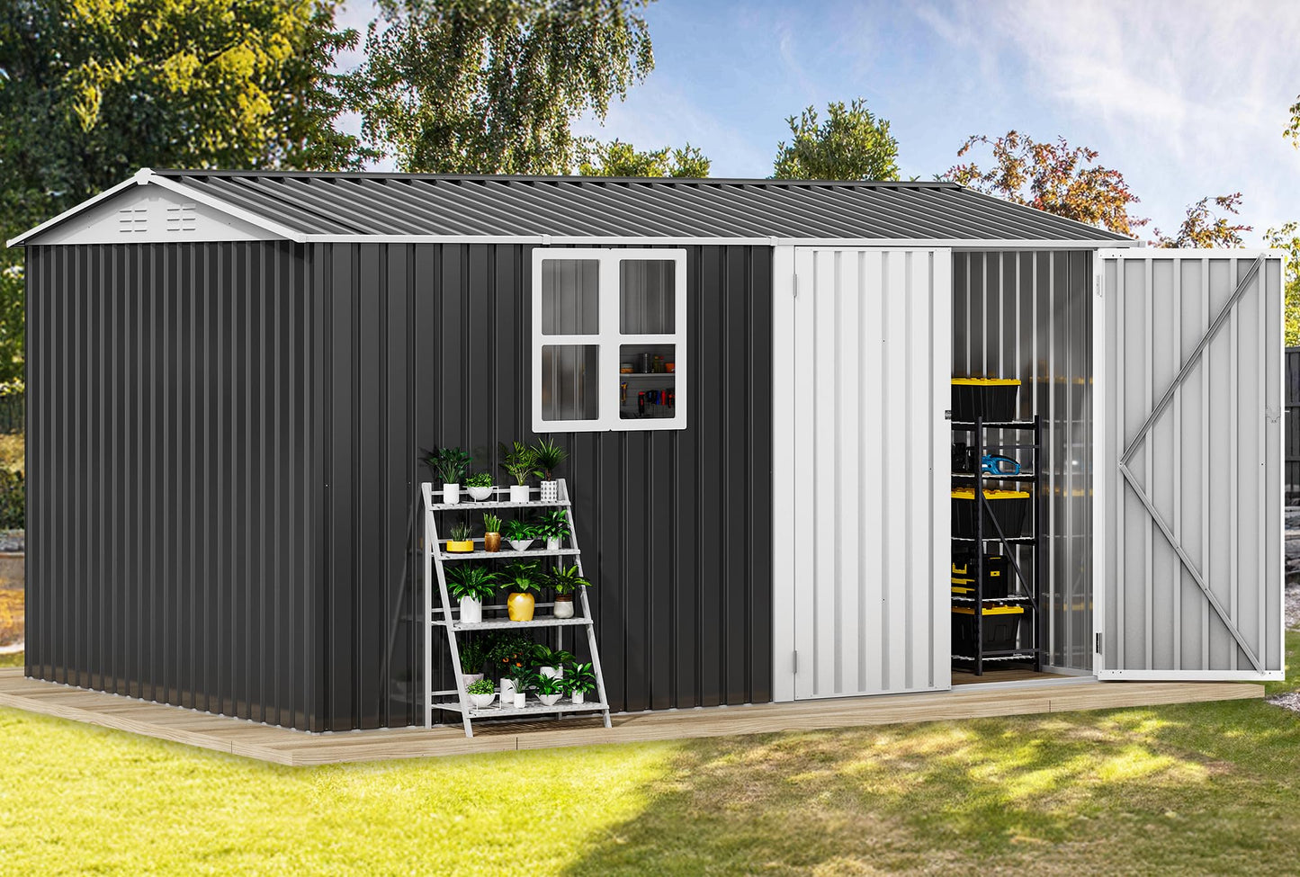 DWVO 12x8ft Large Tool Storage Shed with Window, Lockable Doors, and Sloped Roof, Oversized Steel Outdoor Storage Shed for Garden, Patio, Garage, Backyard, Lawn(Gray + White)