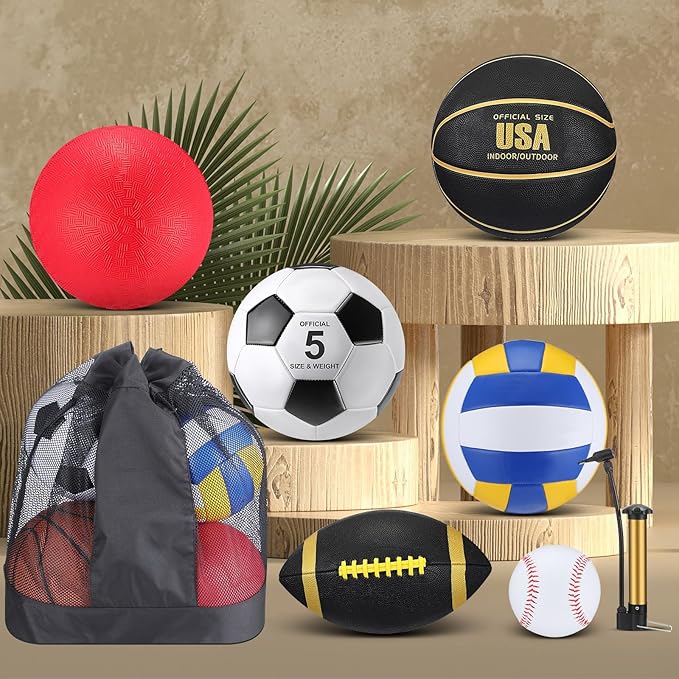 Leyndo 18 Pcs Sport Balls Bulk Set Basketball Football Volleyball Soccer Playground Baseball with Sport Equipment Bag Pump for Outdoor Indoor Practice Gift
