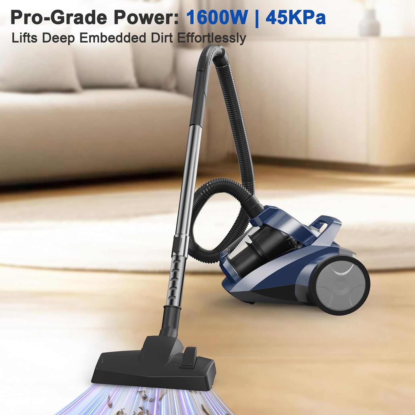 Sweepcent Canister Vacuum Cleaner - 45KPa Power Bagless Design | Lightweight Multi-Surface Vacuum with 5 Tools & Double HEPA Filter