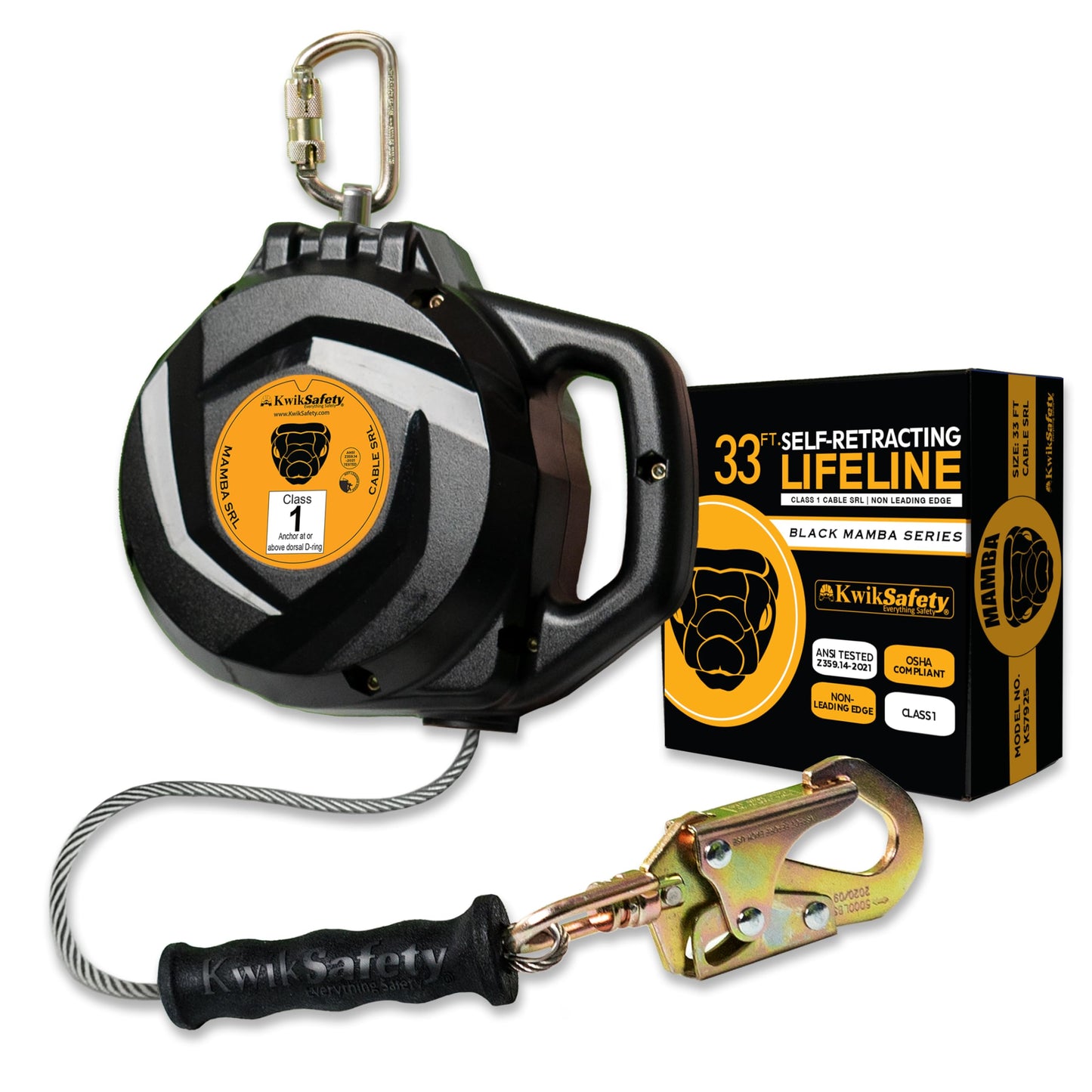 KwikSafety - Charlotte, NC - Mamba 33’ Self Retracting Lifeline [Carbonate + Integrated Handle] Class 1 Cable SRL ANSI OSHA Retractable Fall Arrest Safety Roofing Construction Gear