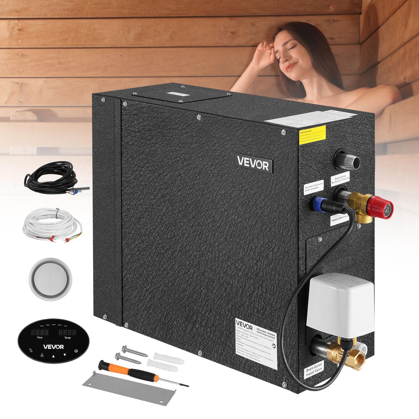 VEVOR Steam Generator, 6 kW Steam Shower System with Controller for Home Sauna & Spa, Commercial Auto Drain Kit with Overheat, Dry-Run & Overpressure Protection, 10min to 24h Timer, Black