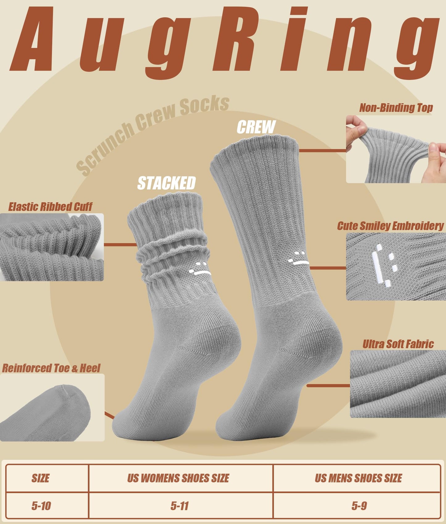 AugRing Women's Cute Scrunch Slouch Crew Socks 3Pack Retro Kawaii Chunky Ribbed Cotton Boot Sneaker Cozy Calf Socks Size 5–11 (White/Black/Grey,5-10)