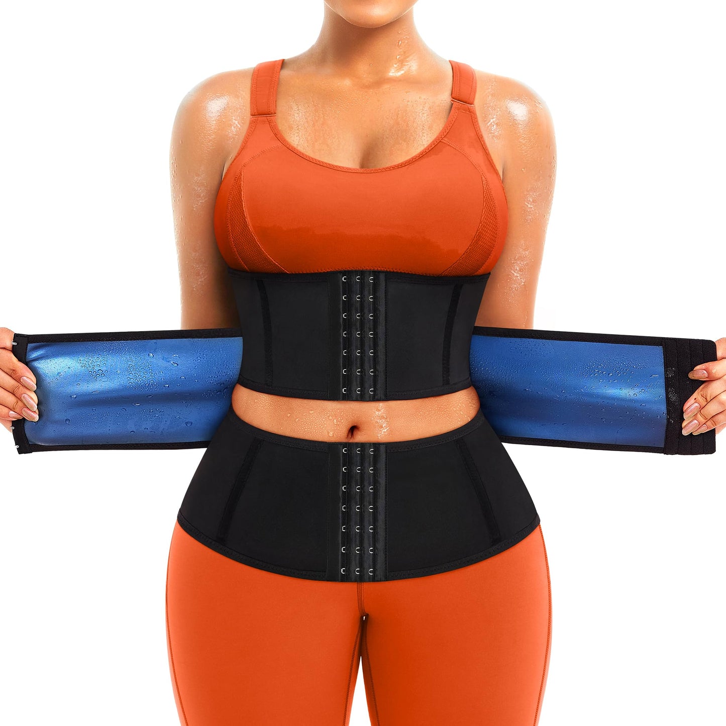 TrainingGirl Waist Trainer for Women Belly Working Out Trimmer Corset Sauna Sweat Belt Band Stomach Wrap Body Shaper Fajas (Black-Blue inner, X-Large)