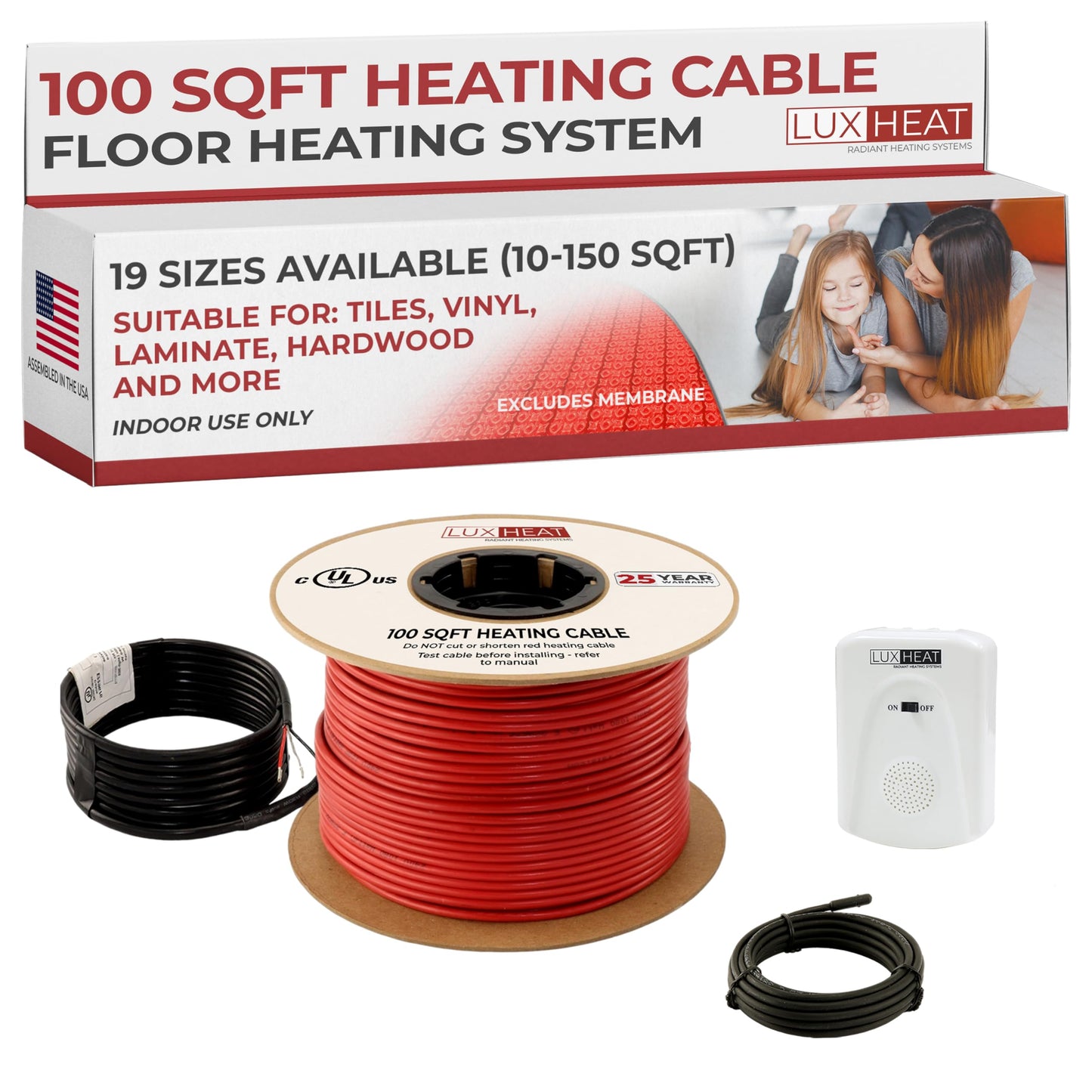 LuxHeat 100sqft Floor Heating Cable Kit - 120v Infloor Heating System for Tile, Vinyl, Laminate - Easy to Install Heated Flooring System Includes In Floor Heat Cable, Alarm & Flooring Sensor