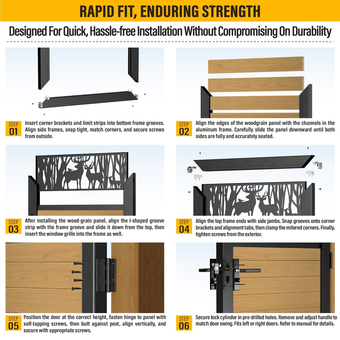Brukid 3x6 FT Aluminum Fence Gate Kit Wood Grain Aluminum Gate with Decorative Cutout, Lock & Hinges, Left/Right Opening, Weather Resistant for Yard Garden Patio