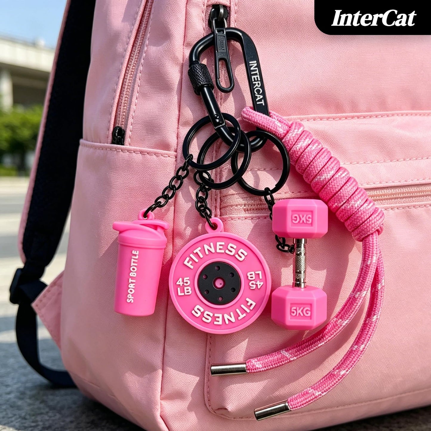 InterCat Gym Keychain accessories for women,Fitness Keychain Set,Cute bag gym charms workout accessories,Pink Silicone Mini Dumbbell Weight Bottle, Fitness Gifts for Men Women