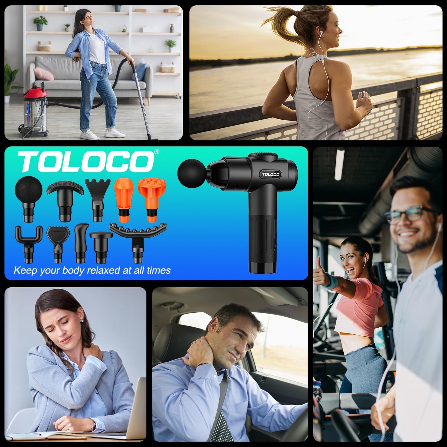 TOLOCO Massage Gun, Deep Tissue Back Massage for Athletes for Pain Relief, Percussion Massager with 10 Massages Heads & Silent Brushless Motor, Mothers Day Gifts, Black