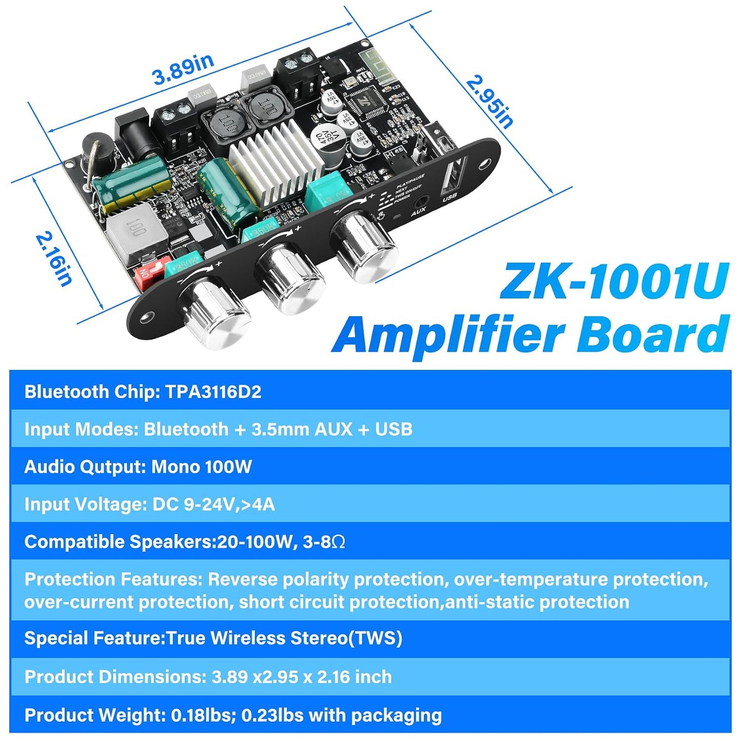 ZK-1001U 100W 9-24V,Supports Daakro Mono Bluetooth Amplifier Board with TWS, Peak Power Home Audio Amplifier